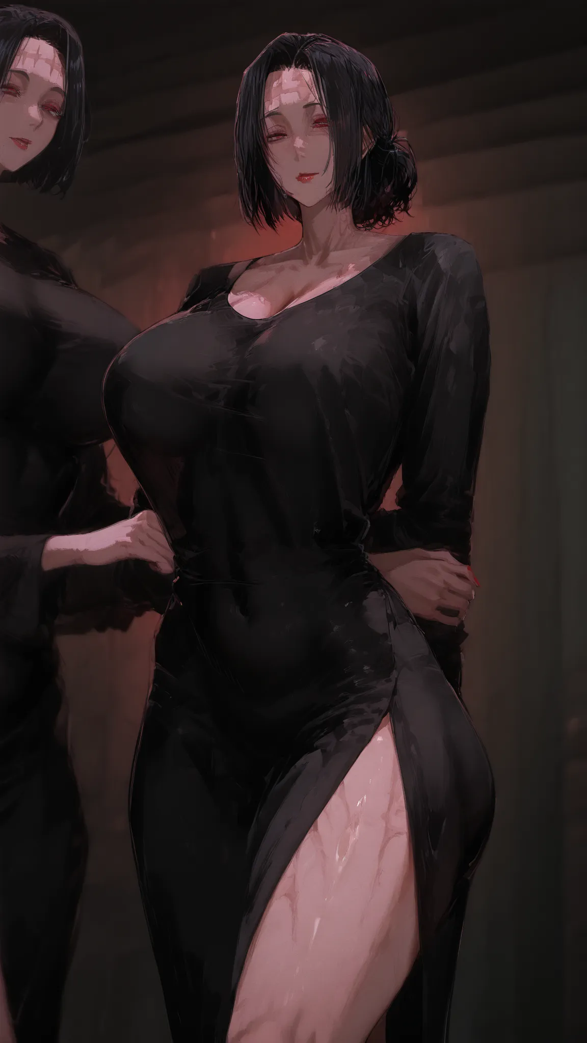 Kenjaku (Kaori Itadori) (Just a sexy woman) eyes black medium hair bun scar on forehead Dongtan black dress red lipstick big butt long leg big breast standing in front with hands behind back.