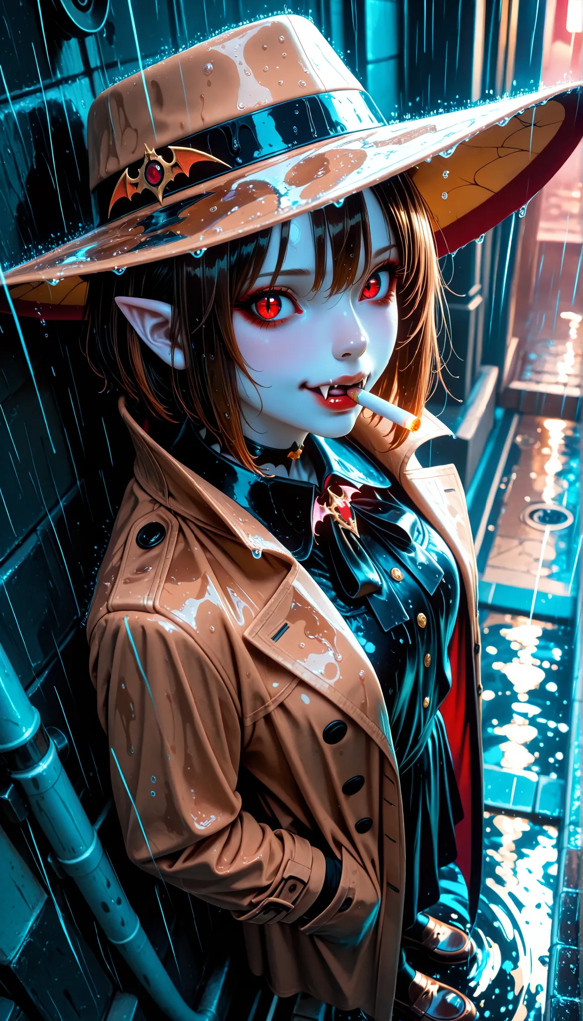 Very High resolution,Realistic and mature anime-style,masterpiece,best quality,amazing quality,hyper-detailed,very aesthetic,from side,from above,closeup shot,Heavy rain,Thick fog,London circa 1950,A street corner late at night,Unmotivated,A female vampire...