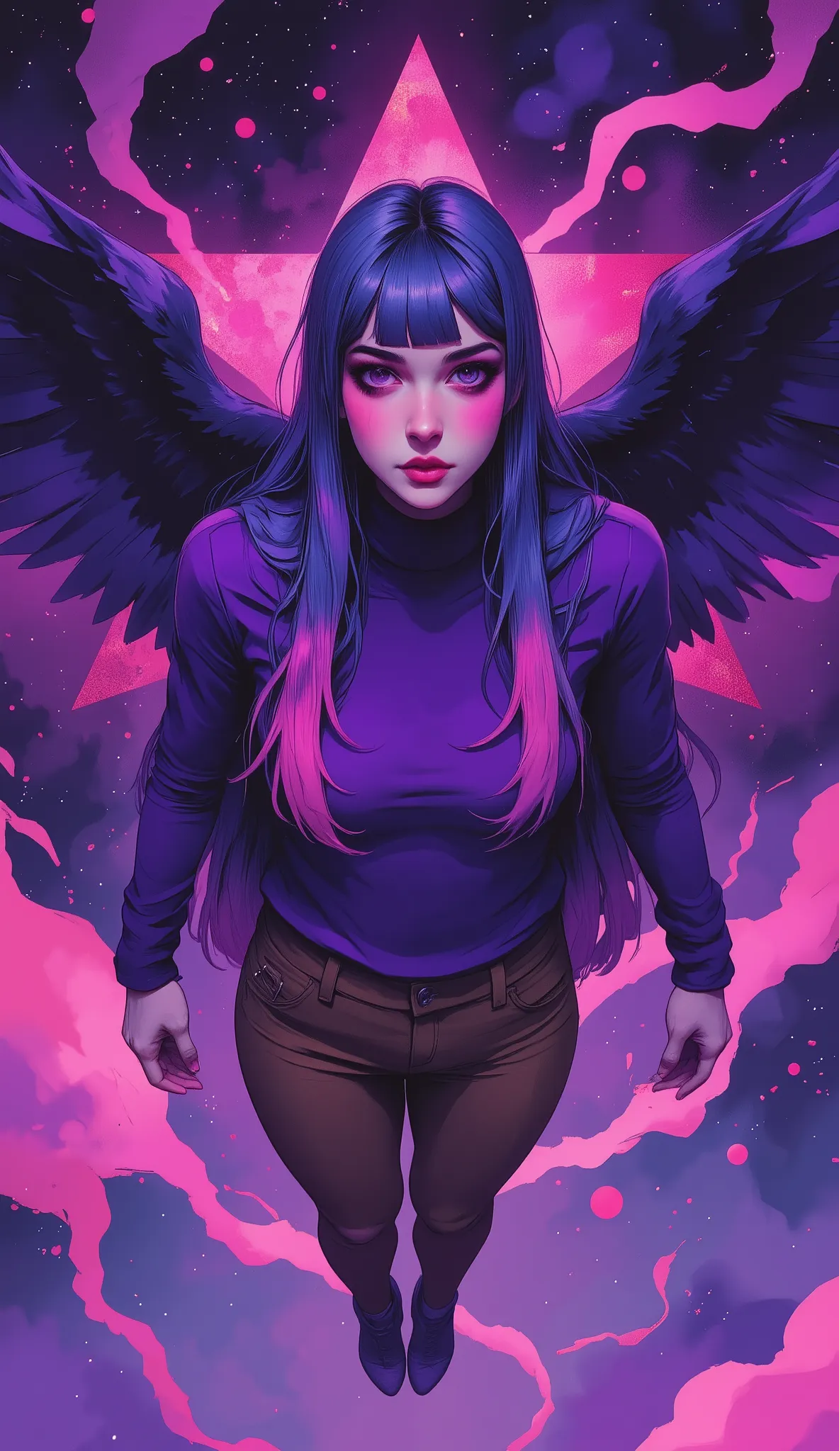 hyper-realistic,  Twilight Sparkle , Girl man, flying in the air with long straight dark blue hair, style straight bangs, two strands, One Purple, the second crimson, purple eyes, purple turtleneck, in coffee-colored pants, behind your back are large purpl...