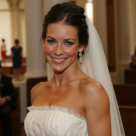 A professional photo of Evangeline Lilly, professional lighting. She is dressed in a beautiful white wedding dress and veil. She is looking at the viewer and smiling. She is relaxed and confident. (pale white skin), red lipstick, (small breasts), cleavage,...