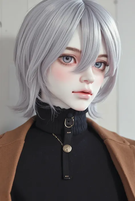 Boy, doll, medium-length, dropped silver hair, gray eyes, sharp cold features, pale white skin, light pink lips, handsome, perfect, wearing a black sweater, brown formal jacket, fine art, bright and clear colors, high quality resolution .