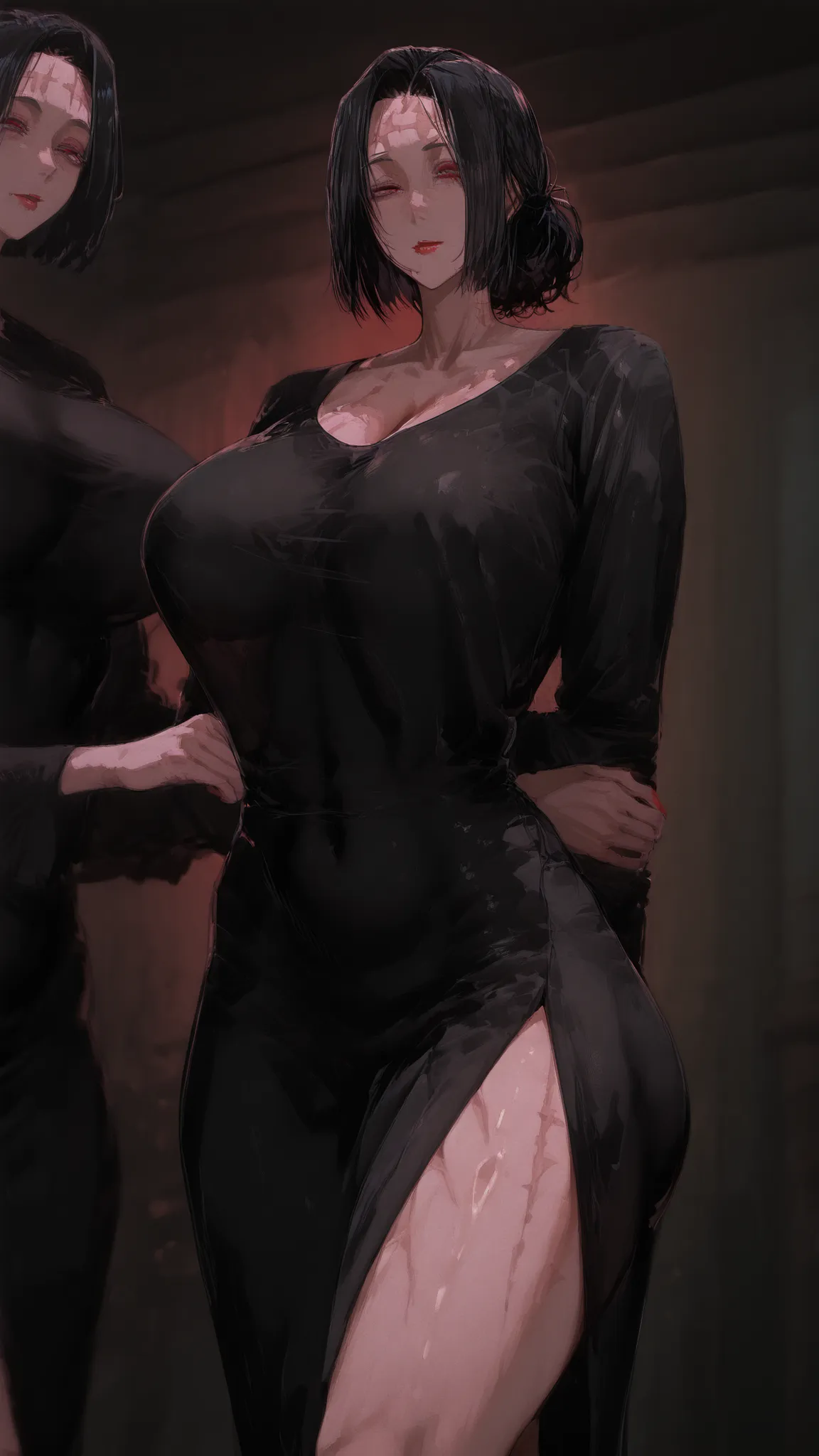 Kenjaku (Kaori Itadori) (Just a sexy woman) eyes black medium hair bun scar on forehead Dongtan black dress red lipstick big butt long leg big breast standing in front with hands behind back.