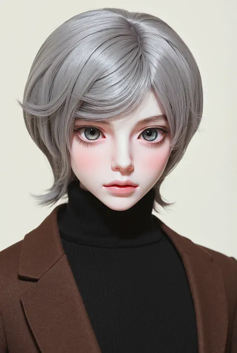 Boy, doll, medium-length, dropped silver hair, gray eyes, sharp cold features, pale white skin, light pink lips, handsome, perfect, wearing a black sweater, brown formal jacket, fine art, bright and clear colors, high quality resolution .