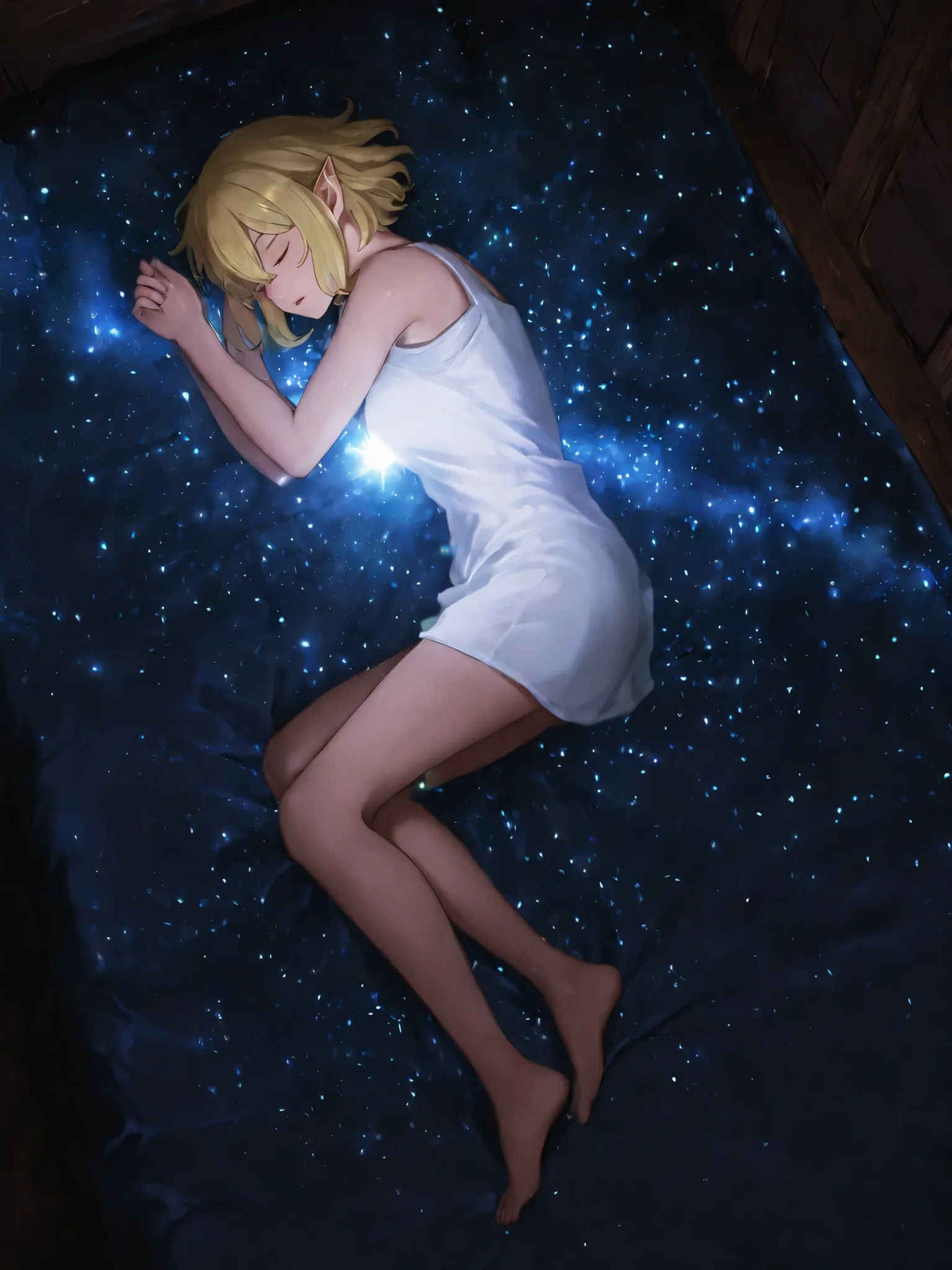 Abstract art work, the upper half of the screen shows, Virgo shining in the night sky, pale white light, 
BREAK
The lower half of the screen, a girl sleeping, full body, gently enveloped in the minute particles of light from the constellations, The girl an...