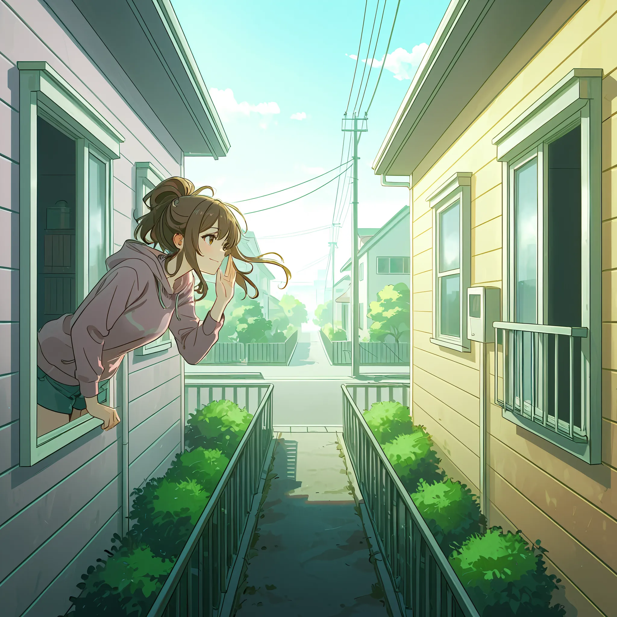  front angle, notion of distance in the scene, leve zoom na imagem, (obra-prima, detalhada, cores vivas, 4k, fotografia perfeita), {1woman}:(a beautiful young woman with messy brown hair, wearing a soft and cozy short top, a quiet morning scene in the subu...