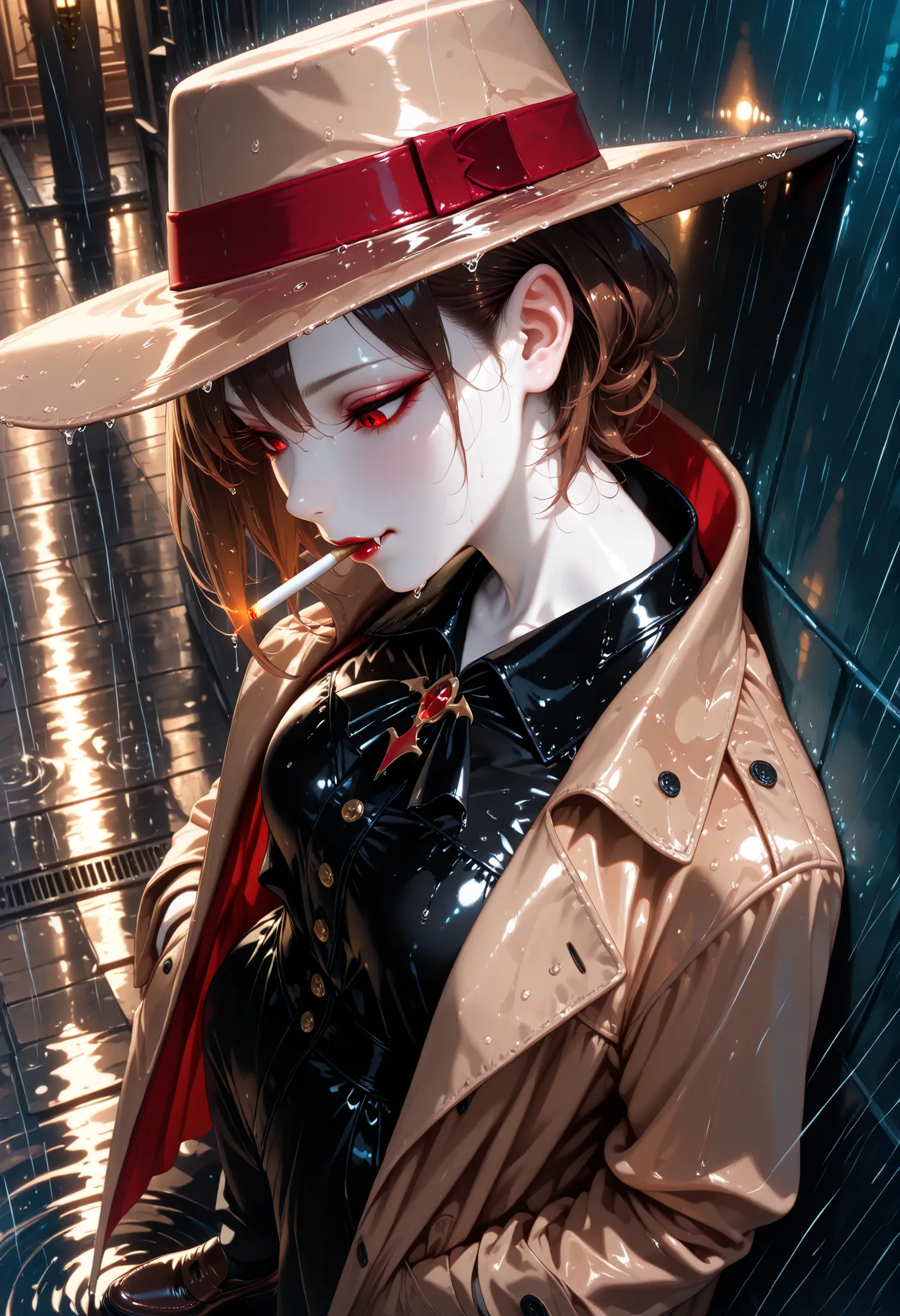 Very High resolution,Realistic and mature anime-style,masterpiece,best quality,amazing quality,hyper-detailed,very aesthetic,from side,from above,closeup shot,Heavy rain,Thick fog,London circa 1950,A street corner late at night,Unmotivated,(Mature),A femal...