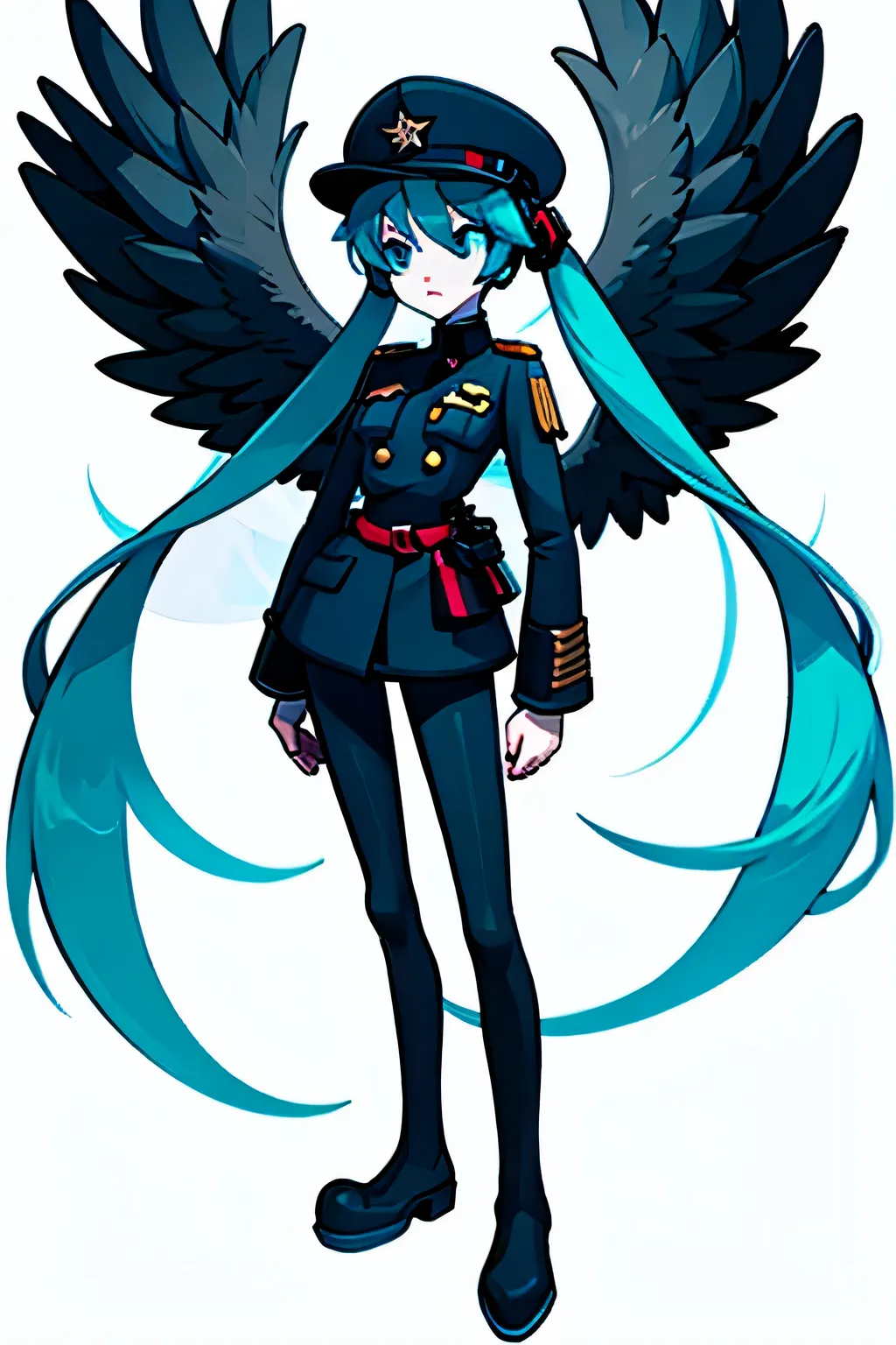 Hatsune Miku, with an SS-Dienstanzug style uniform: officer's black cross jacket, white shirt underneath, black tie, simple black belt, bastic red bracelet with symbol, black pants, black leather high boots, black cap with silver eagle visor with skull emb...