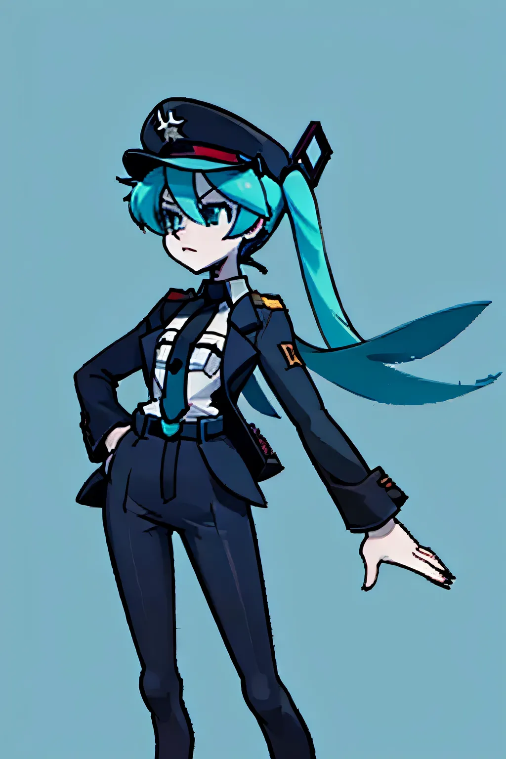 Hatsune Miku, with an SS-Dienstanzug style uniform: officer's black cross jacket, white shirt underneath, black tie, simple black belt, bastic red bracelet with symbol, black pants, black leather high boots, black cap with silver eagle visor with skull emb...