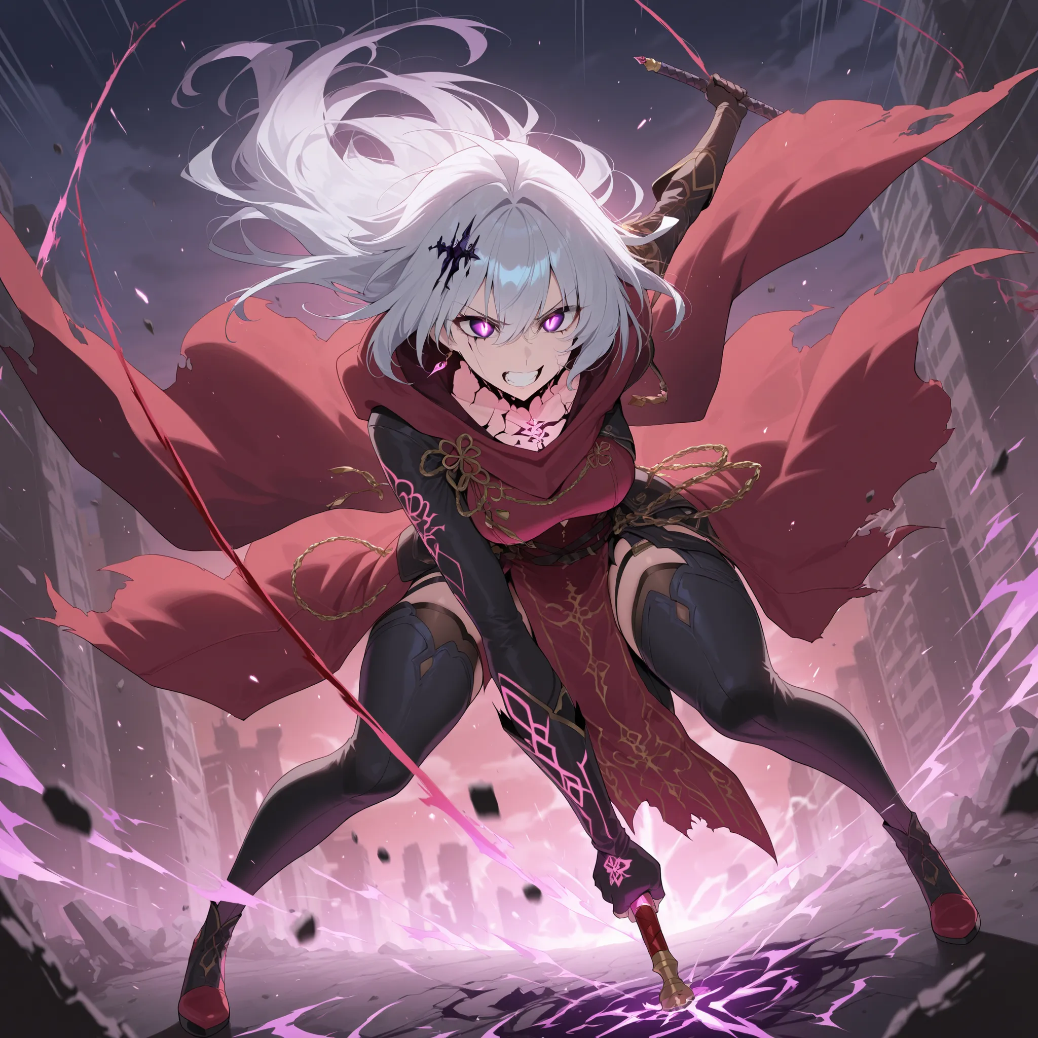 A silver-haired anime woman with ash-gray tips and glowing cracked violet eyes is mid-combat, swinging a glowing kusarigama in a wide arc. Her tattered black, crimson, and violet ceremonial robes flare wildly with the motion. Chains whip through the air wi...