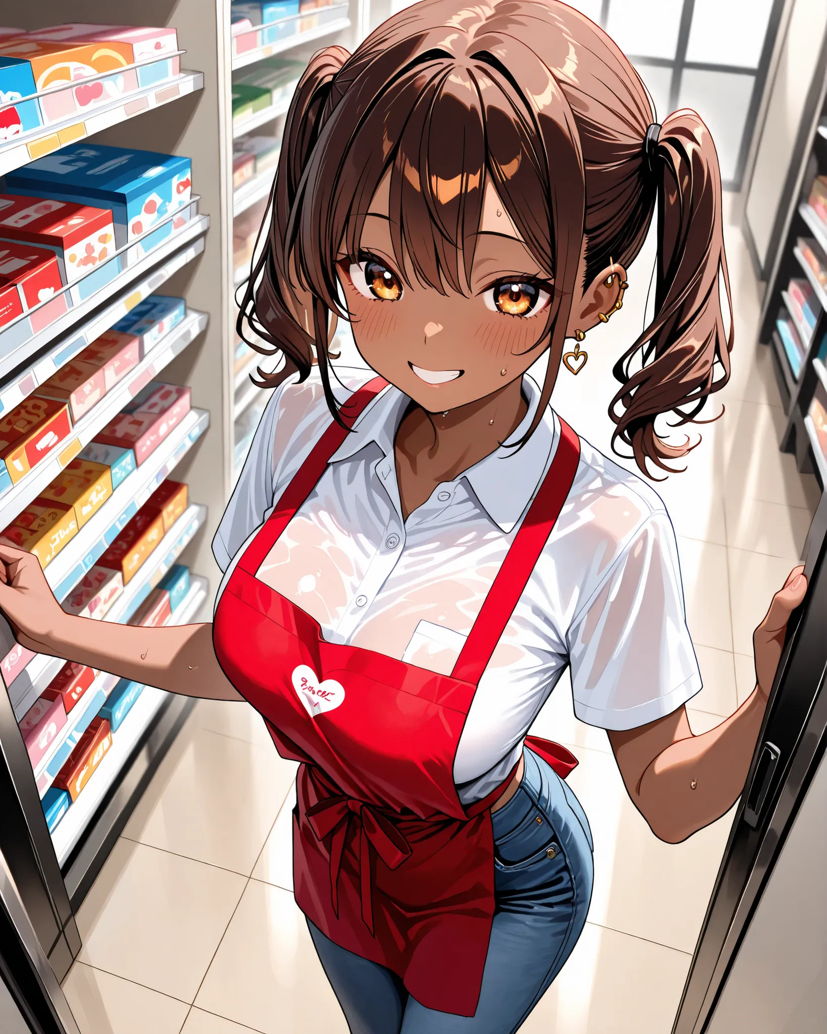 (Brown skin),Super part-time job、product display shelves、Linoleum Floor、 bright interior、Collared Shirt Short Sleeve 、shorts、red apron、Jeans,(black gal)、twin tails、Wave Hair、Petite、short、Beautiful Breasts、golden piercings、brown hair、Eye color is gold、cheek...