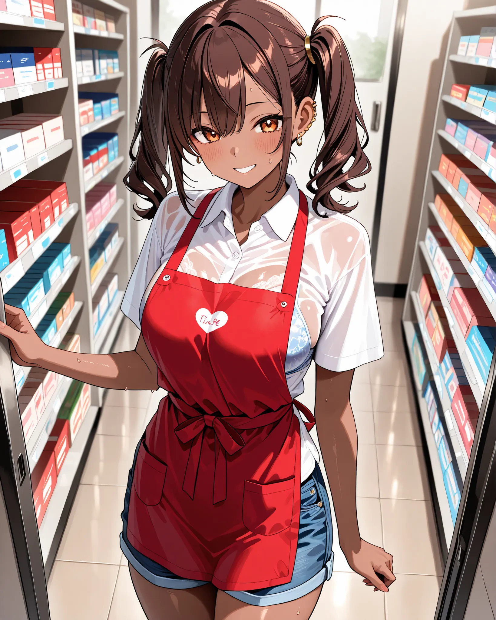(Brown skin),Super part-time job、product display shelves、Linoleum Floor、 bright interior、Collared Shirt Short Sleeve 、shorts、red apron、Jeans,(black gal)、twin tails、Wave Hair、Petite、short、Beautiful Breasts、golden piercings、brown hair、Eye color is gold、cheek...