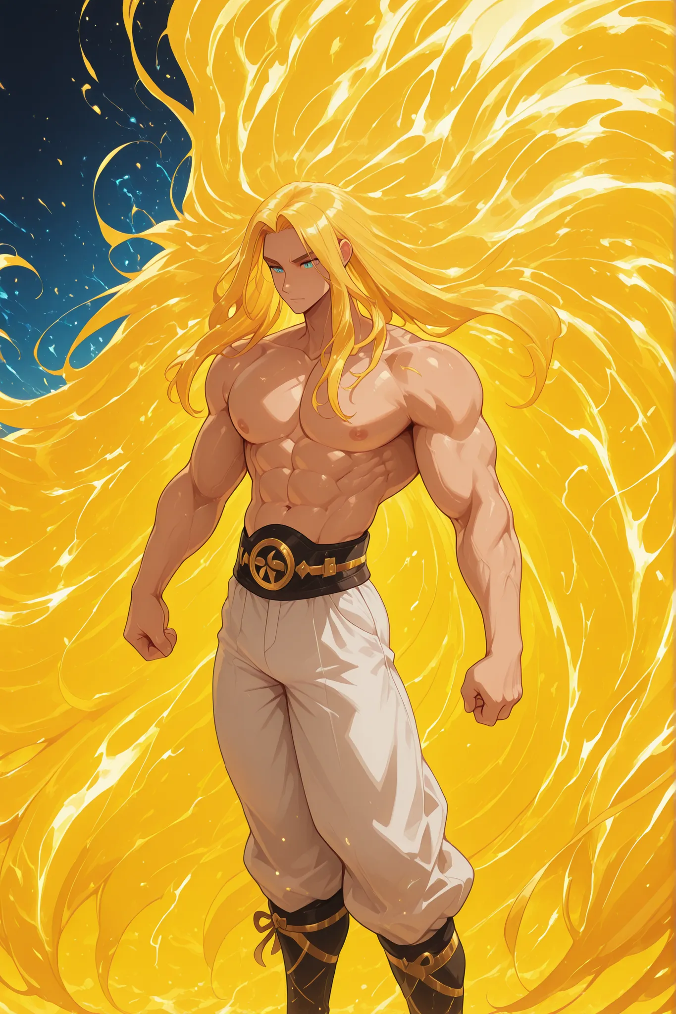 Male male, Muscular, Long blond hair standing like a super god by Sayayín, infinite long hair ,  He is standing , white pants 