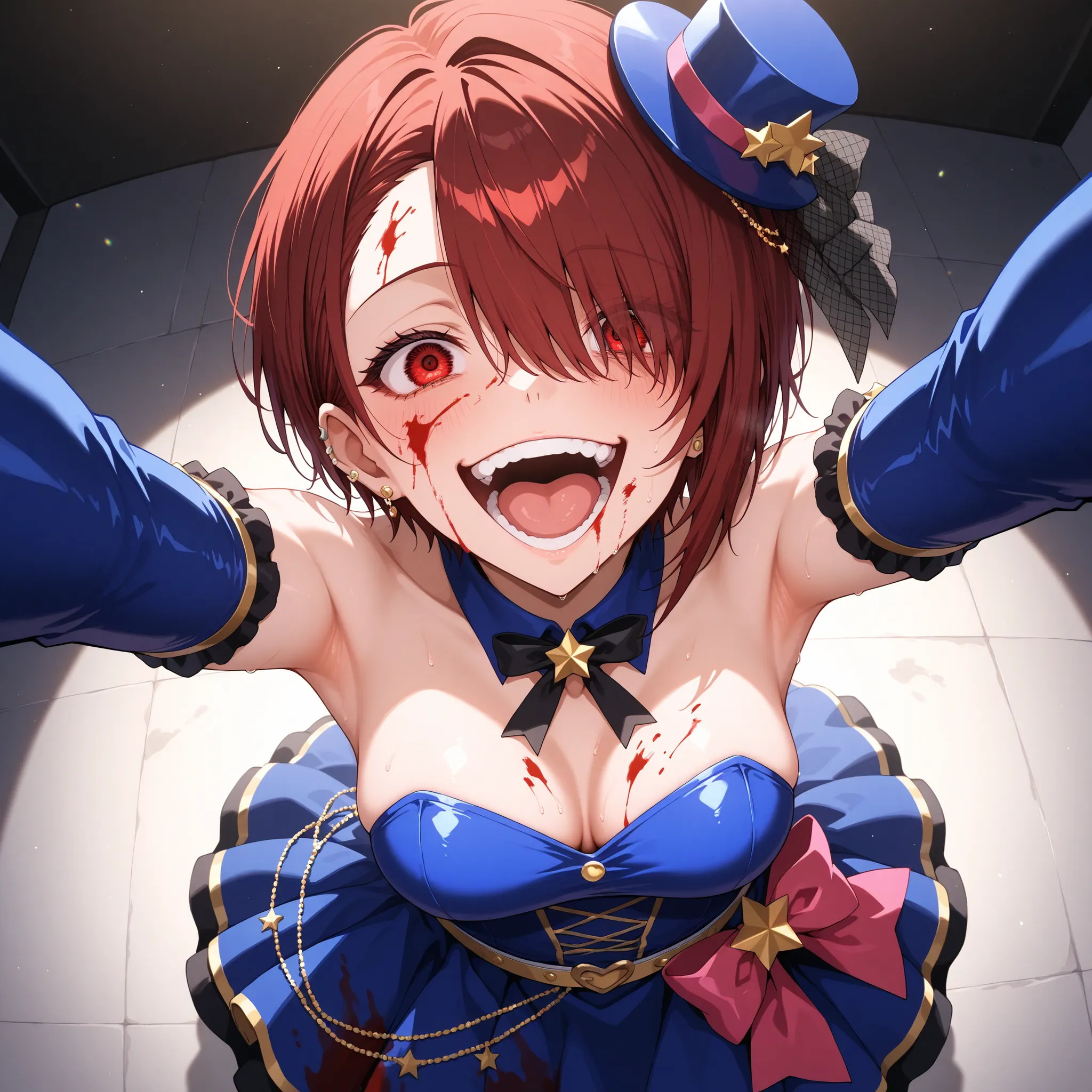 masterpiece, best quality, amazing quality, ultra detailed, very aesthetic, absurdres, highres, detailed teeth, detailed eyes, 1girl, red hair, short hair, asymmetrical bobcut, hair over eye, red eyes, asymmetrical bangs, medium breasts, cute idol dress, i...