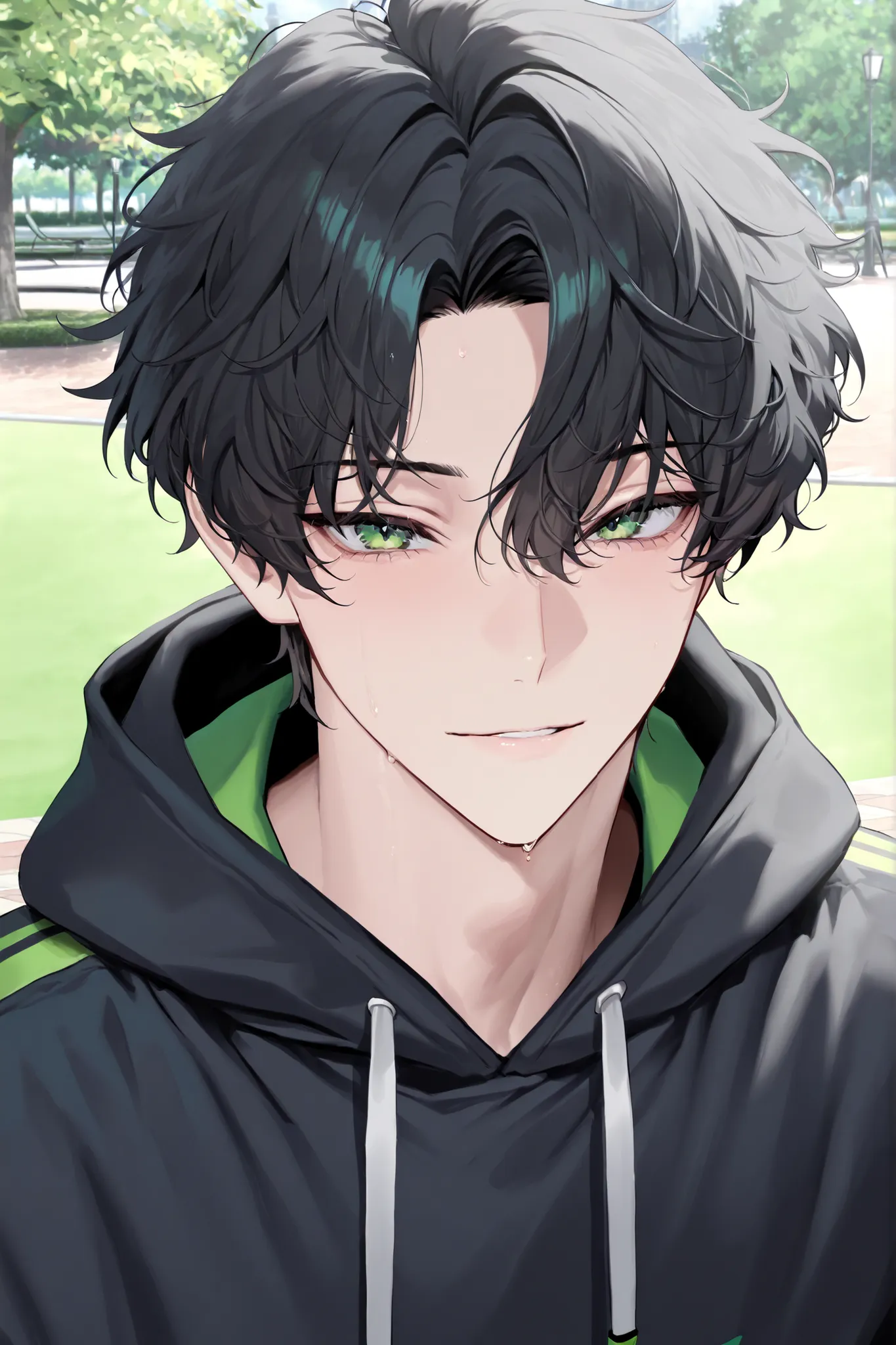 {{score_9, score_8_up, score_7_up}}, masterpiece, highest quality, 4K Ultra HD, Male, masculine, (black hair, short hair, wavy hair), green eyes, (black hoodie, green lining, white drawstring), solo, park, close up face shot