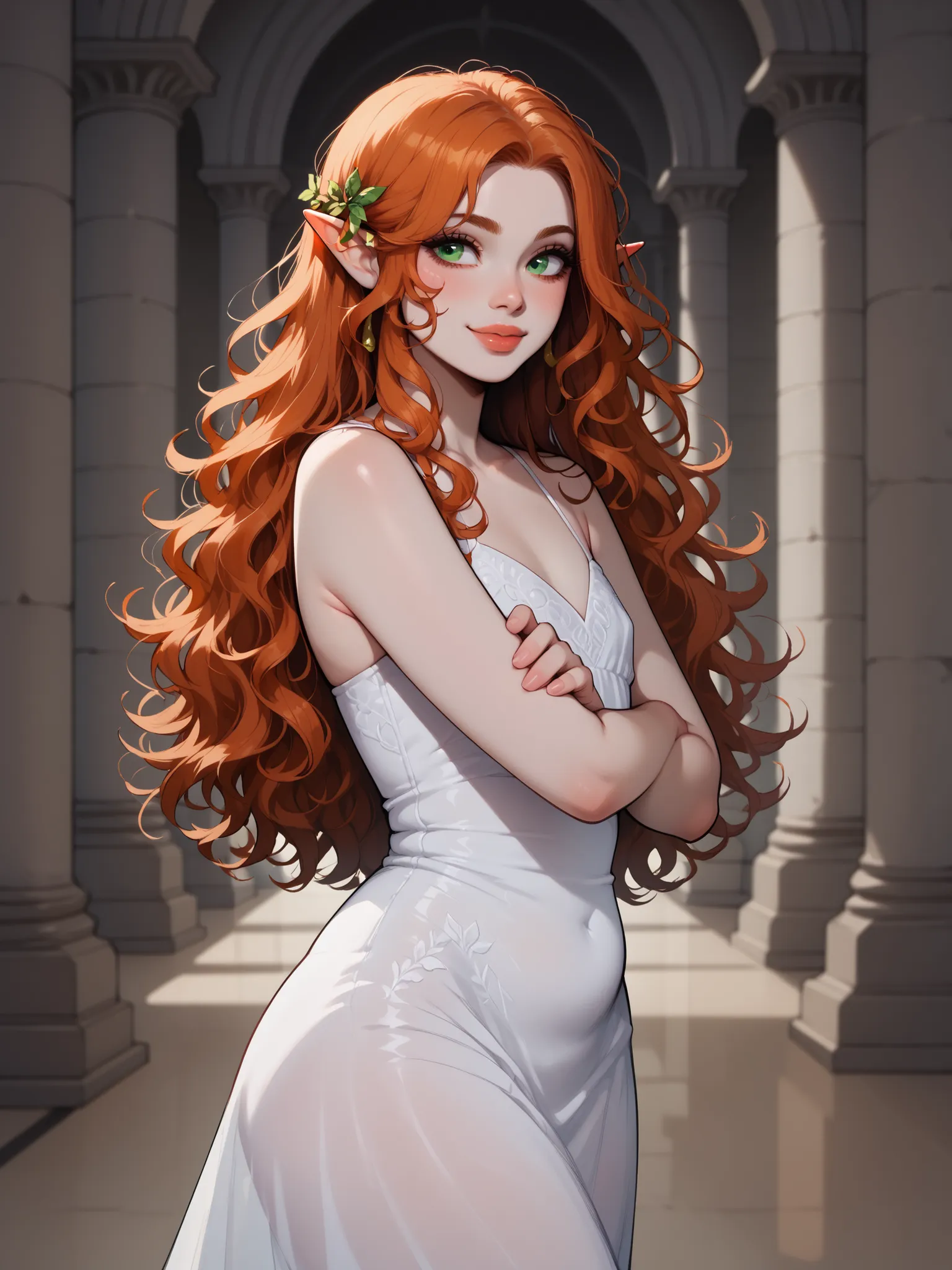 femboy with elven ears, small stature, with red long hair, red hair, elf ears , orange hair, curls,  beautiful hairstyle , green eyes, plump lips, smile, in a beautiful white dress is dancing, bare feet, background - a palace.