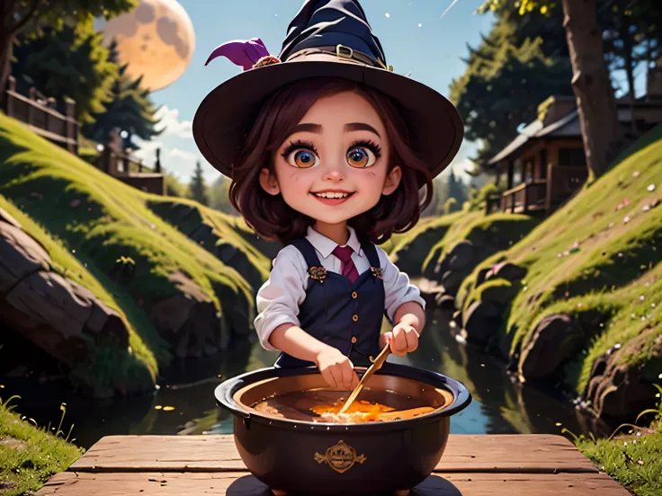 A witch girl with bright purple hair and large, expressive eyes wears a pointed hat decorated with colorful stickers. She's stirring a potion in a steaming pot in the middle of an enchanted forest. The night sky is filled with smiling moons, cartoon stars,...