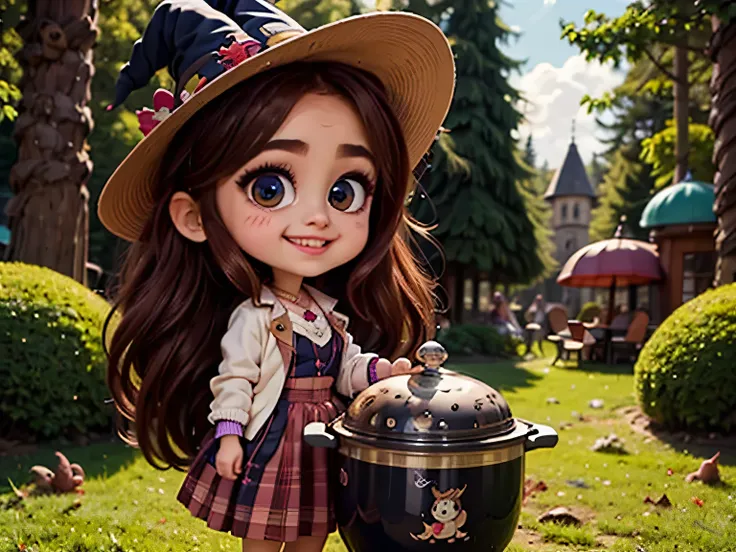 A witch girl with bright purple hair and large, expressive eyes wears a pointed hat decorated with colorful stickers. She's stirring a potion in a steaming pot in the middle of an enchanted forest. The night sky is filled with smiling moons, cartoon stars,...