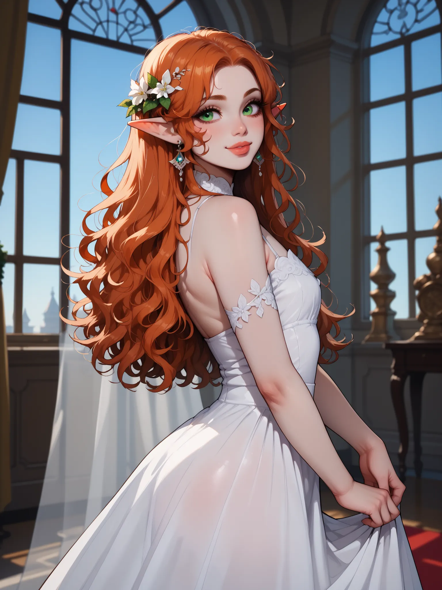 femboy with elven ears, small stature, with red long hair, red hair, elf ears , orange hair, curls,  beautiful hairstyle , green eyes, plump lips, smile, in a beautiful white dress is dancing, bare feet, background - a palace.