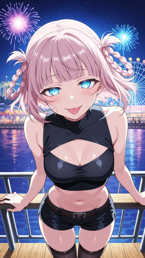 BREAK looking at viewer,BREAK (masterpiece:1.2), best quality, high resolution, unity 8k wallpaper, (illustration:0.8), (beautiful detailed eyes:1.6),Nighttime ocean pier with vibrant fireworks exploding in the sky, reflections on the gentle waves and wet ...