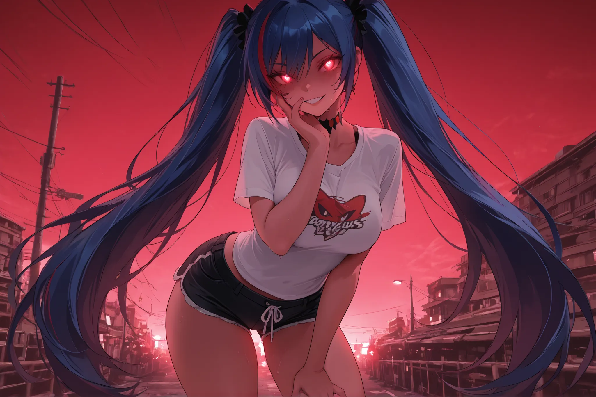 Dratena Belbury , masterpiece , best quality , amazing quality , 1girl , NSFW , chromatic aberration , very long hair, Red eyes,  twintails , breasts, Looking around, a red sky,Megapolis, A dangerous smile, one hand on face, glowing eyes, white T-shirt, Sh...
