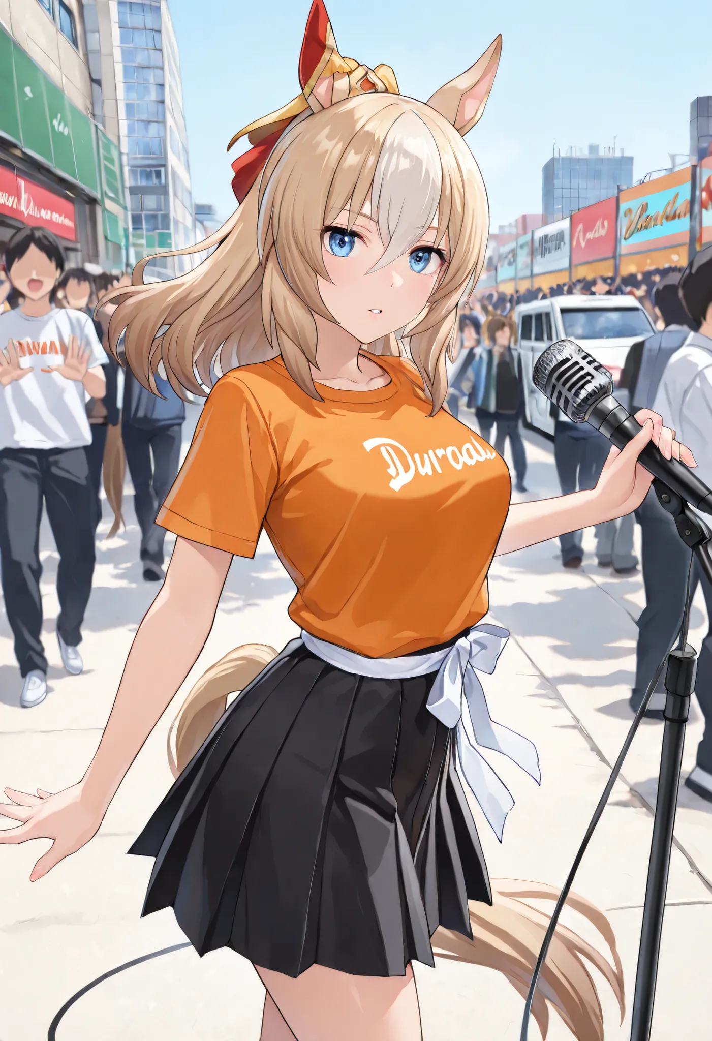 (masterpiece, best quality, perfect face:1.4), wide angle, durandal \(umamusume\), horse ears, hair ornament, single ear cover, horse tail, tail on the lower back, proportional body, proportional,1 girl, beautiful hair, beautiful face, beautiful detailed e...