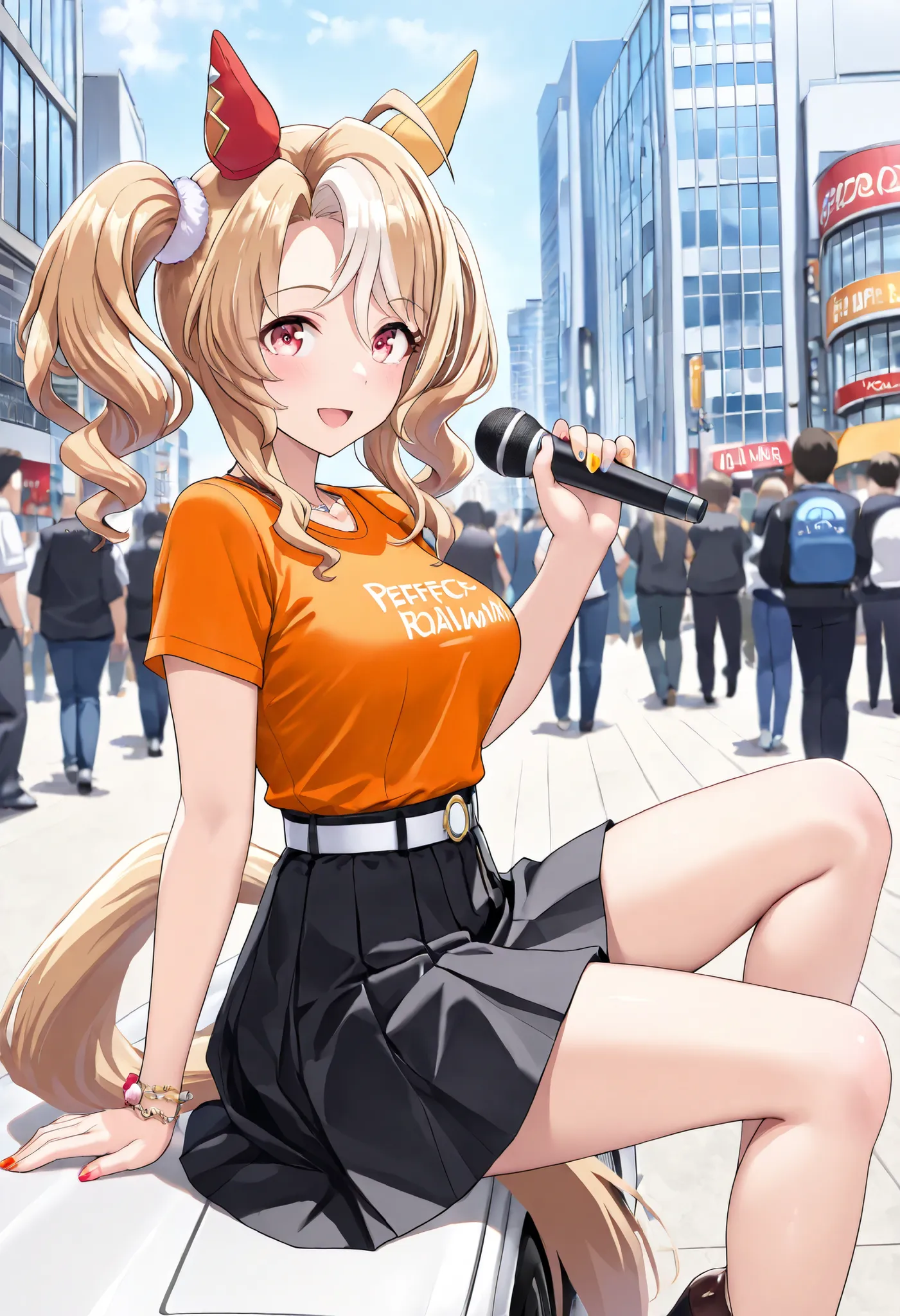 (masterpiece, best quality, perfect face:1.4), wide angle, fusaichi_pandora\(umamusume\), 1girl, floating hair, twintails, white hair bobbles, horse ears, (((two-tone ear covers)), multicolored nails, horse tail, tail on the lower back, proportional body, ...