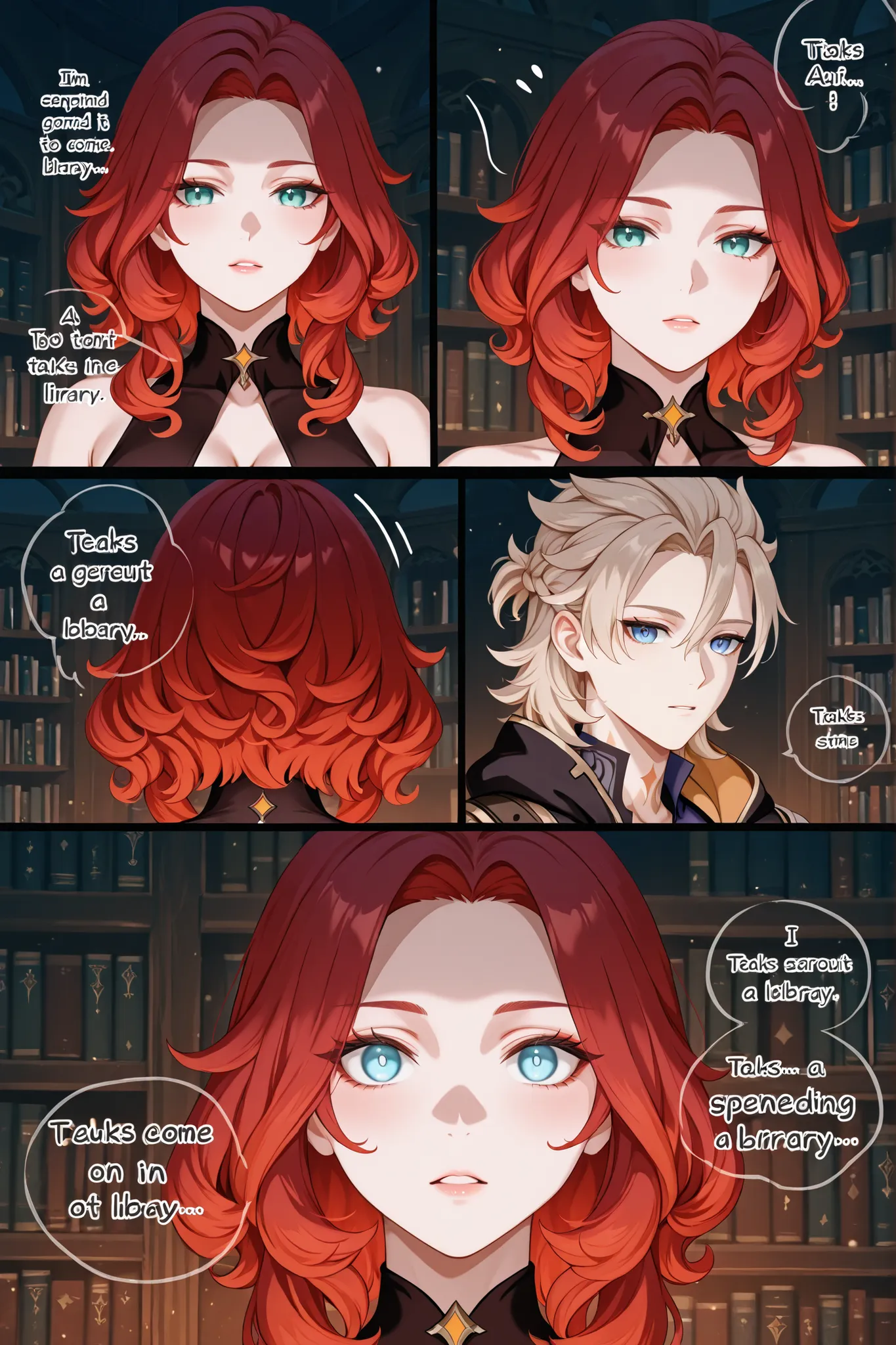 A comic about spending time in a library. A curly-haired, blue-eyed, red-haired woman with a short Marilyn Monroe-style haircut and streaks of hair dyed white at the back of her head, talks to Albedo, a character from Genshin Impact, in a library.