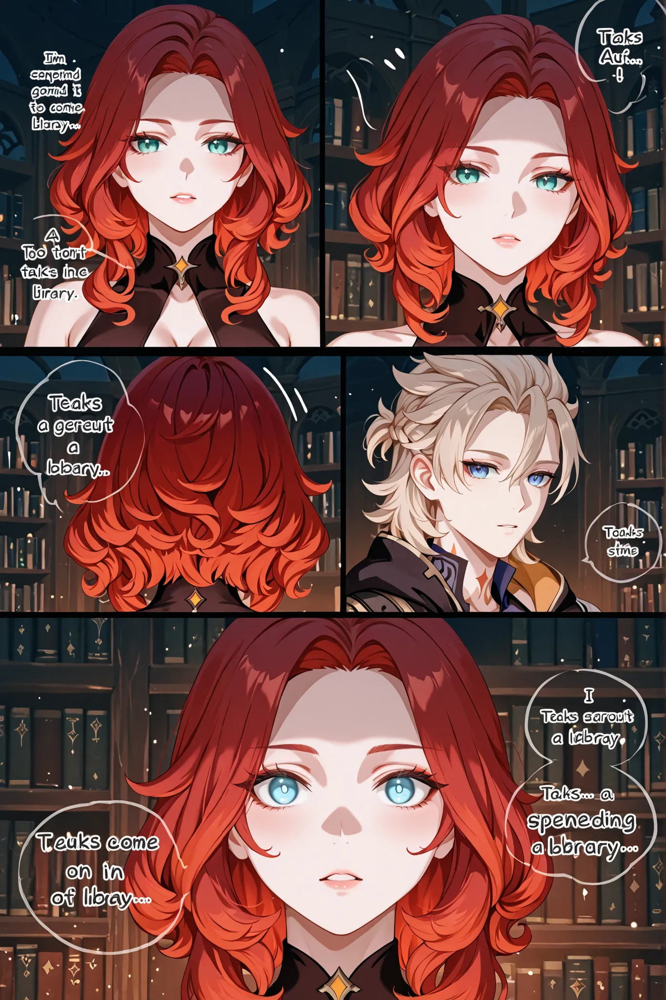 A comic about spending time in a library. A curly-haired, blue-eyed, red-haired woman with a short Marilyn Monroe-style haircut and streaks of hair dyed white at the back of her head, talks to Albedo, a character from Genshin Impact, in a library.
