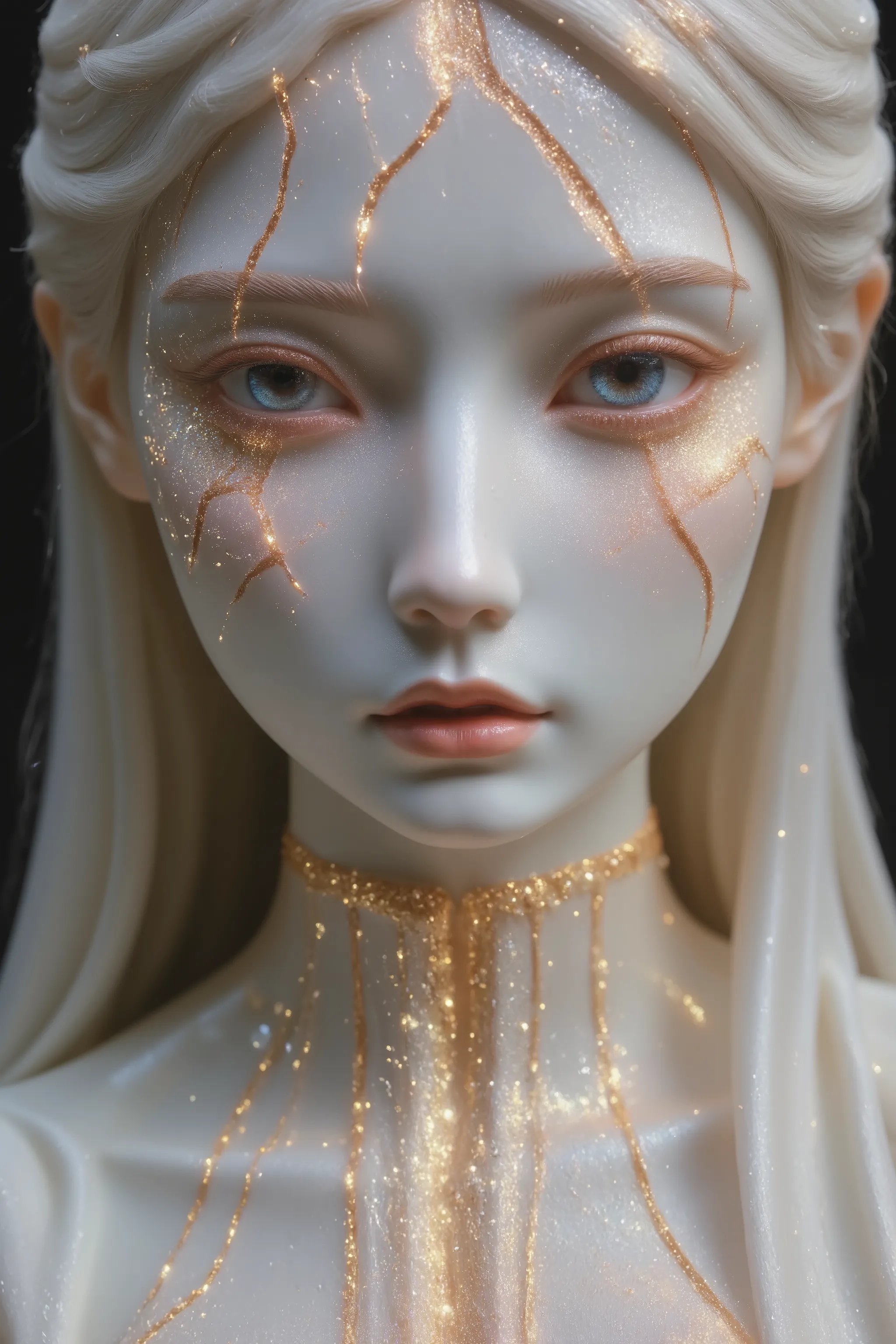 Cracked joinery,White and gold,Blue and gold,Cracked golden joinery,Close-up photo of a large crack running from the eyes to the chin of a beautiful female doll made of porcelain, blue eyes,  flowing hair , Vertical Crack, It has been handed over, High Qua...