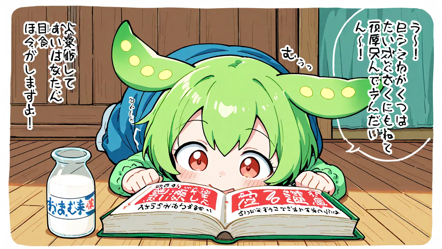 A chaotic cute anime-style thumbnail illustration of a surprised green mascot (Zundamon) holding a parenting book, while a mischievous child with short hair (named Kozun) proudly points to spilled milk on the floor. Toys are scattered, plushies are lined up neatly in order, and the room is colorful and messy. Add big bold Japanese text: 「“ぬるぽ”って言ったら敏感期だった」. Include white outlined, red and yellow bubble letters for impact. Fun, comical, exaggerated expressions.
