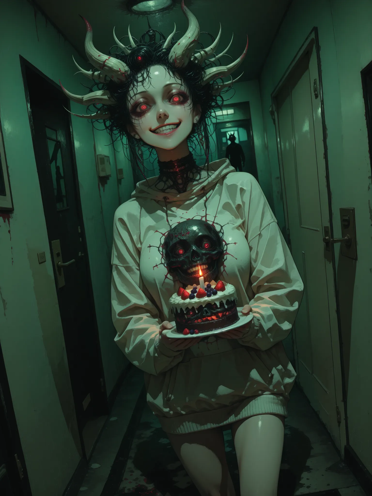 [topic]кадр в стиле horror киберпанк, creepy neighbor out of the dark|
[character] a woman with electric hair,  a woman and a man are standing with their backs to an open door, a demon of shadow crawls out of the basement, bone and brain demon
[action] ser...