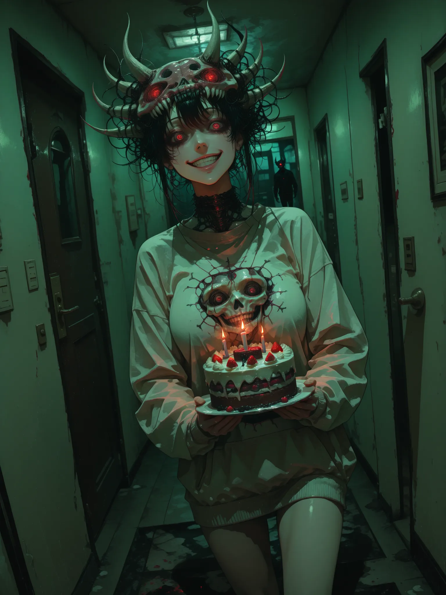 [topic]кадр в стиле horror киберпанк, creepy neighbor out of the dark|
[character] a woman with electric hair,  , a woman and a man are standing with their backs to an open door, a demon of shadow crawls out of the basement, bone and brain demon
[action] s...