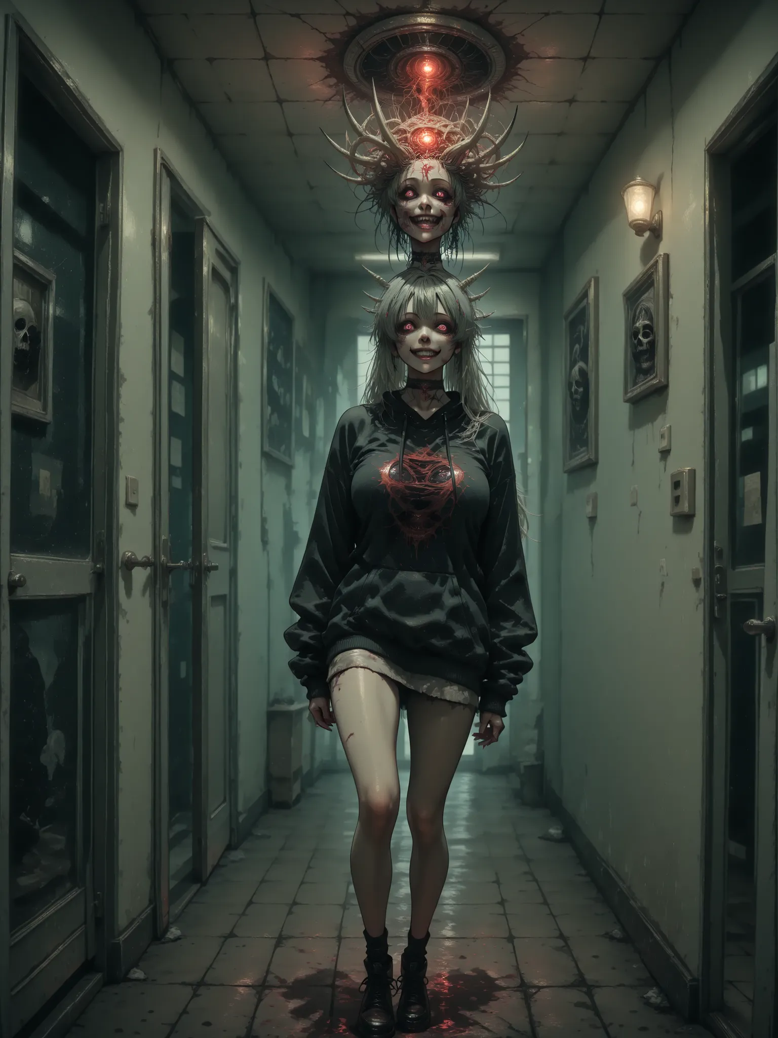 [topic]кадр в стиле horror киберпанк, creepy neighbor out of the dark|
[character] a woman with electric hair,  , a woman and a man are standing with their backs to an open door, a demon of shadow crawls out of the basement, bone and brain demon
[action] s...
