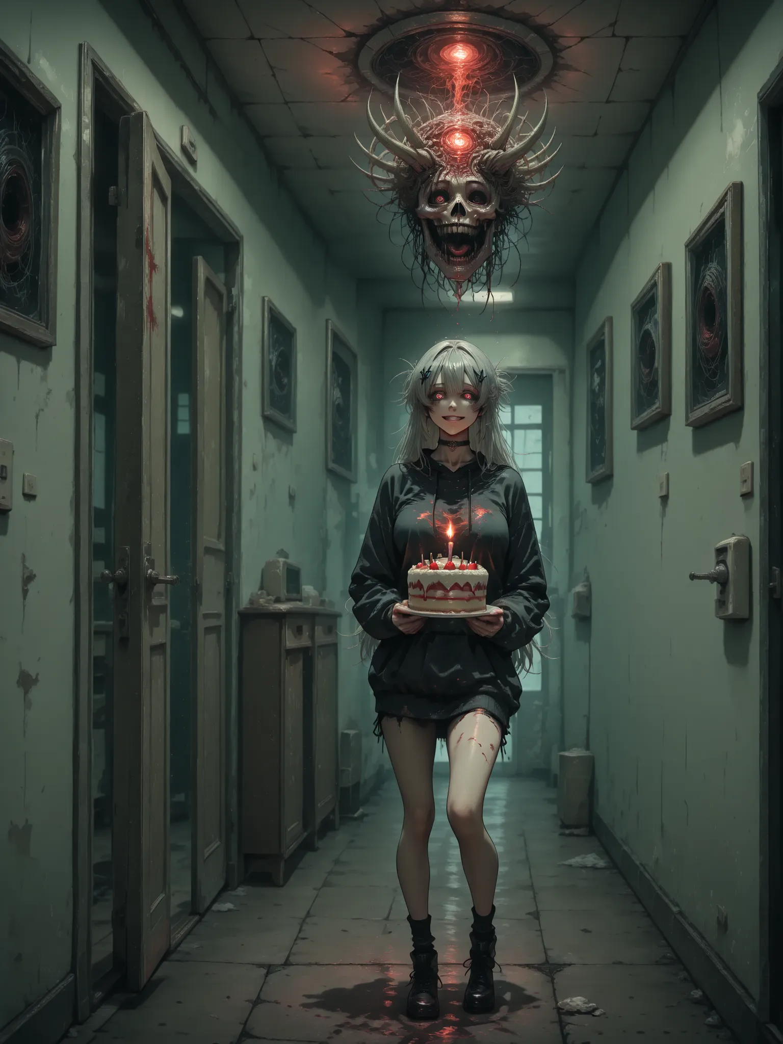 [topic]кадр в стиле horror киберпанк, creepy neighbor out of the dark|
[character] a woman with electric hair,  a woman and a man are standing with their backs to an open door, a demon of shadow crawls out of the basement, bone and brain demon
[action] ser...