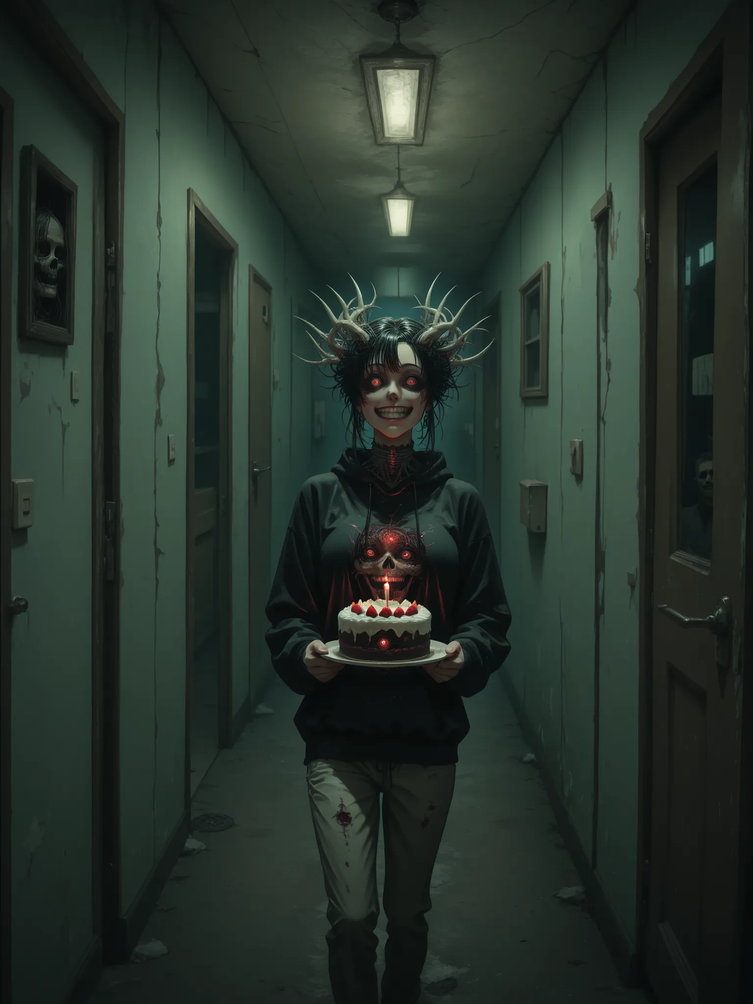[topic]кадр в стиле horror киберпанк, creepy neighbor out of the dark|
[character] a woman with electric hair,  a woman and a man are standing with their backs to an open door, a demon of shadow crawls out of the basement, bone and brain demon
[action] ser...