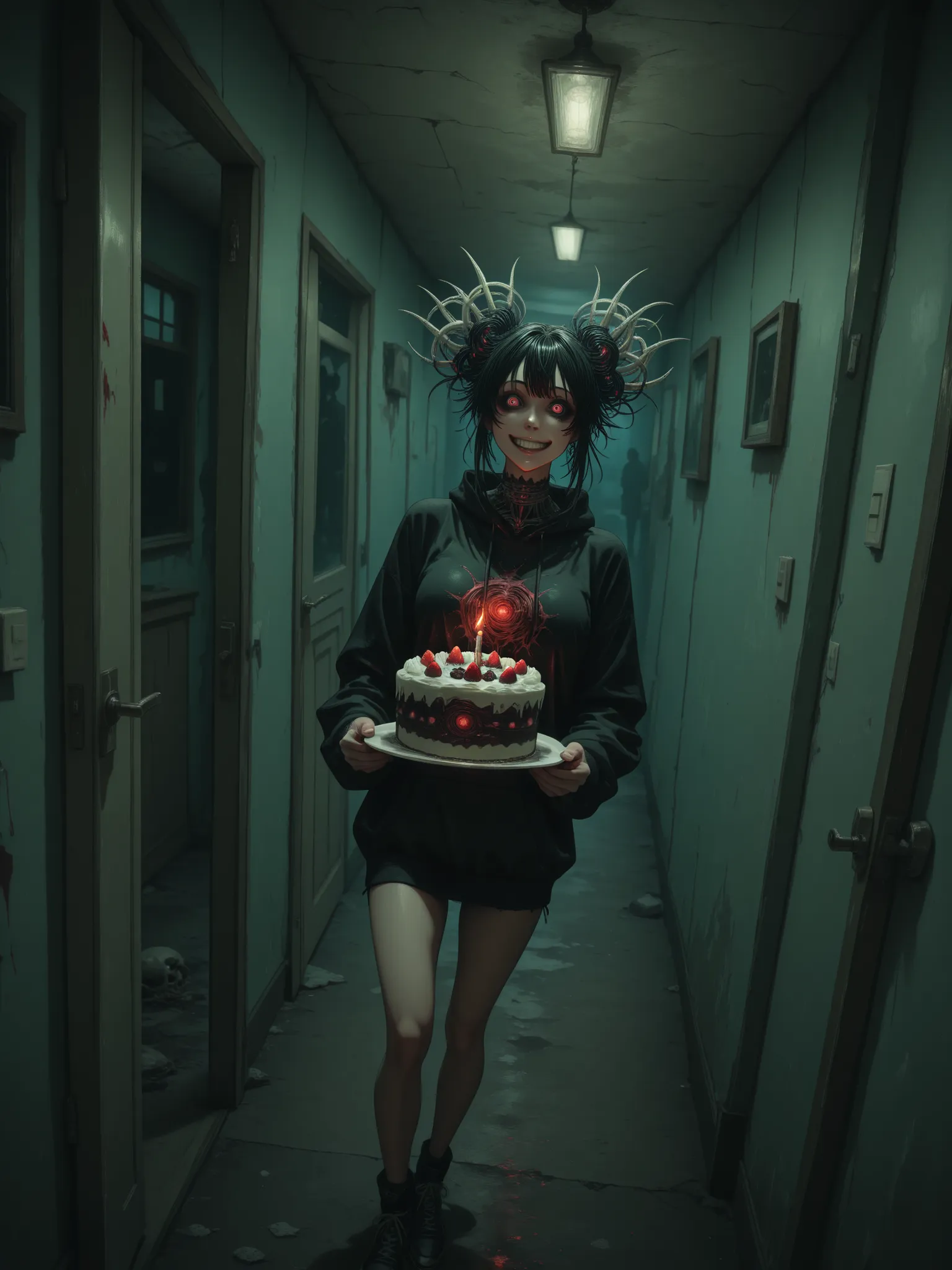[topic]кадр в стиле horror киберпанк, creepy neighbor out of the dark|
[character] a woman with electric hair,  , a woman and a man are standing with their backs to an open door, a demon of shadow crawls out of the basement, bone and brain demon
[action] s...