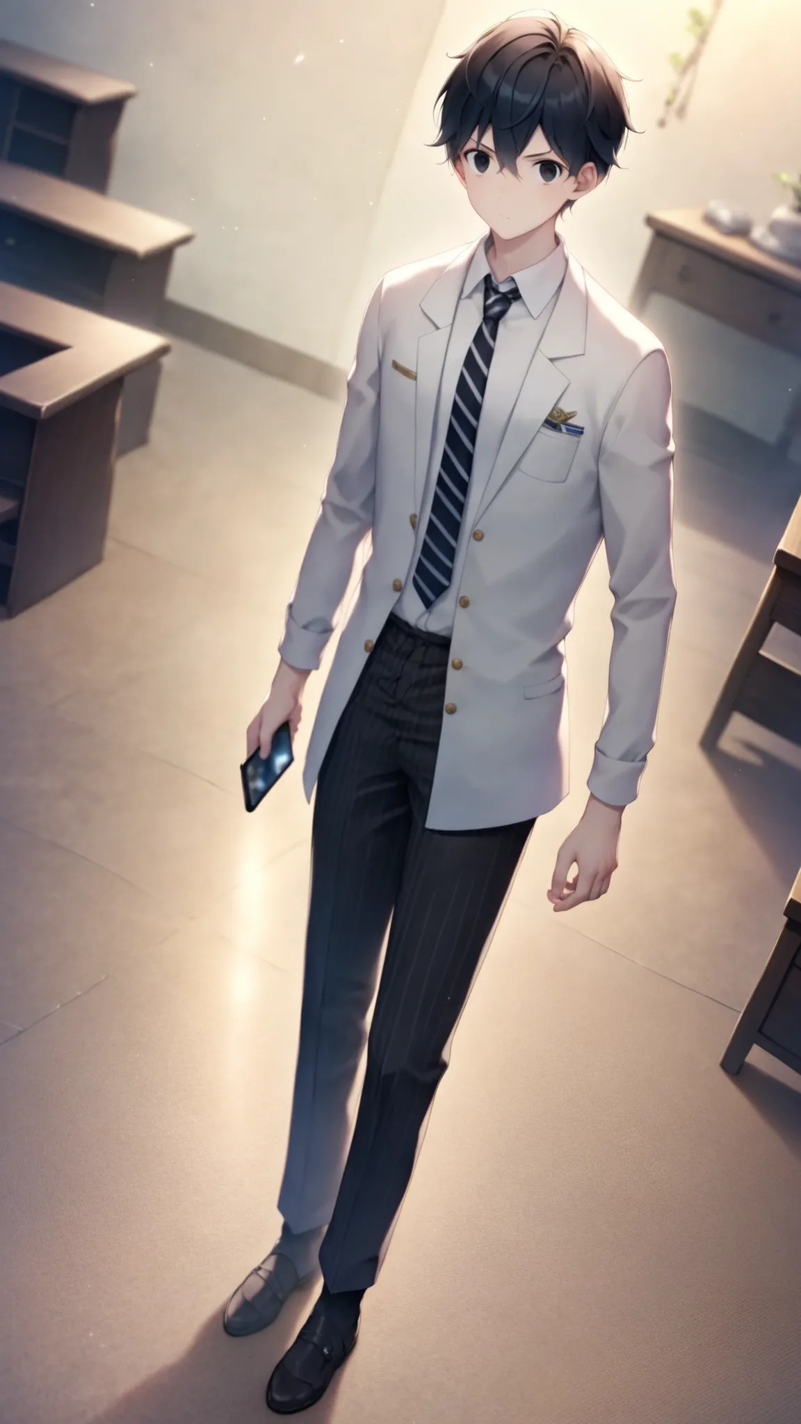 背景Plain　white,illustration style,One man,Full Body,24 years old,Height: 172cm,Thin,dark haired,short,black eyes,Japanese,Pachinko parlor clerk,
[theme]24歳男性Pachinko parlor clerk |
[characters] pale male wearing dealer uniform、
 Fluffy hair、shortヘア、 dark ha...
