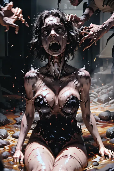 masterpiece, Highest quality, masterpiece,Zombie Girl　lying, Evil Dead, Dark Energy, empty, Hollow Eyes, (an extremely evil),Dead Girl、 black magic, Dark Forest, Negative Energy, hell, Corpse wearing a black gymnastics bloomers,high leg,self wedgie,white b...