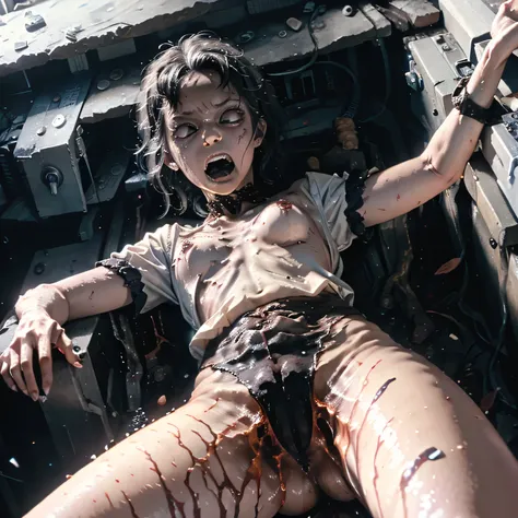 masterpiece, Highest quality, masterpiece,Zombie Girl　lying, Evil Dead, Dark Energy, empty, Hollow Eyes, (an extremely evil),Dead Girl、 black magic, Dark Forest, Negative Energy, hell, Corpse wearing a black gymnastics bloomers,high leg,self wedgie,white b...