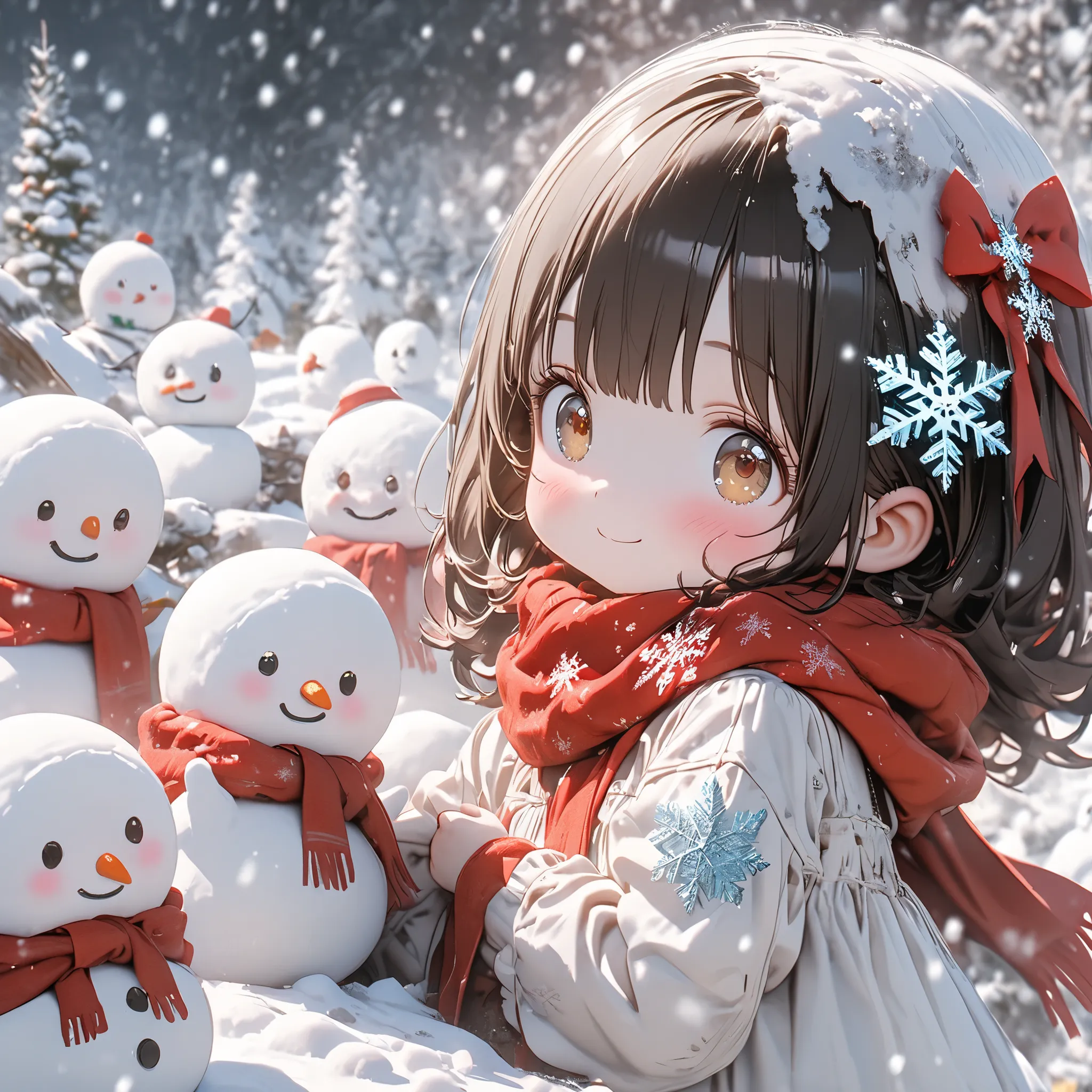 Super Details, 8k, Nice, Bright,cute girl、long black hair、Brown Eye、Beautiful eyes、 Snow Scenery 、snowflake hair ornament、white dress、red scarf、Smile Yan、A lot of snowmen、deform