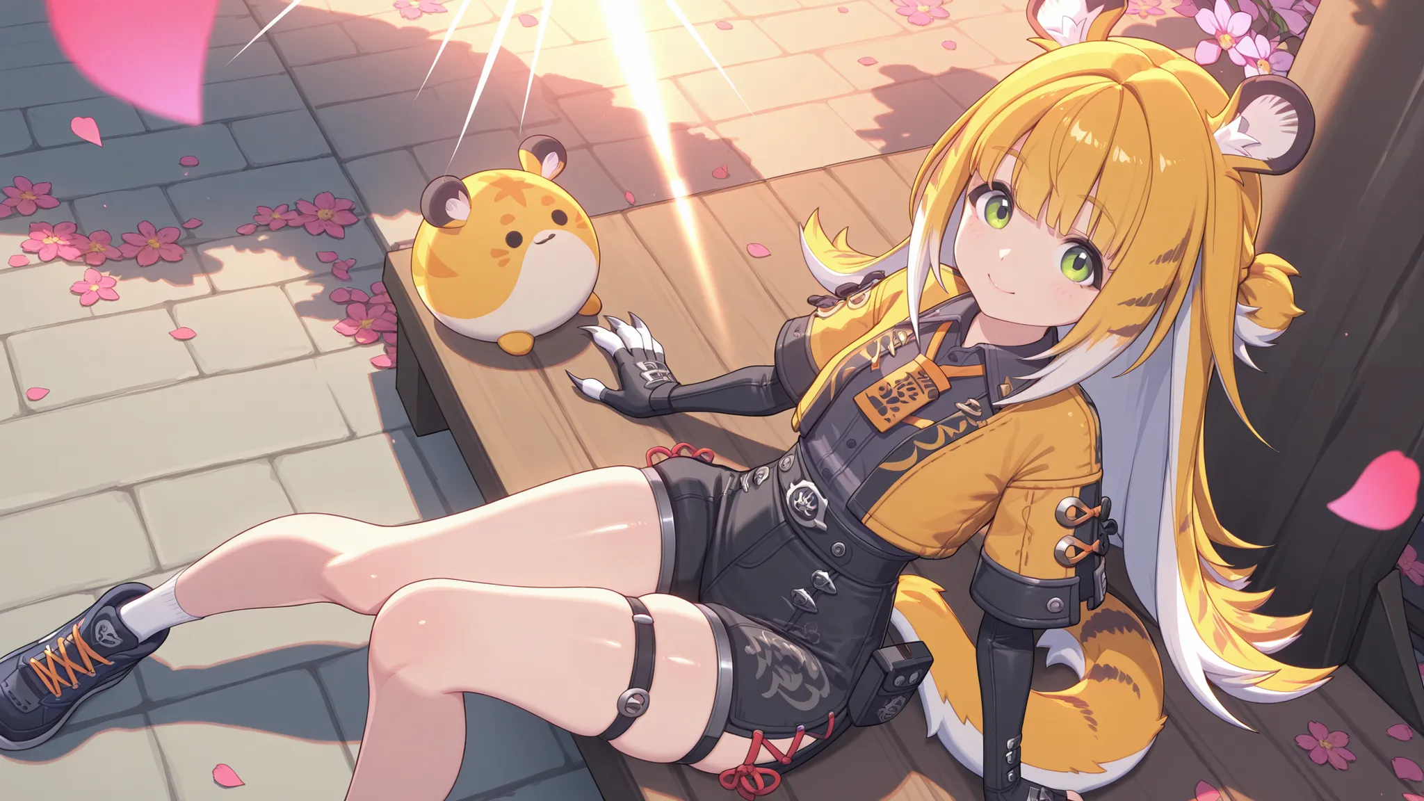 eyesHD,One 1 , shiny skin, high angle, sits, looks at the viewer, cunning look, sweet smile,
JuFuFu,
Shine, Shine, sun beam, flower petals on the background
shows claws