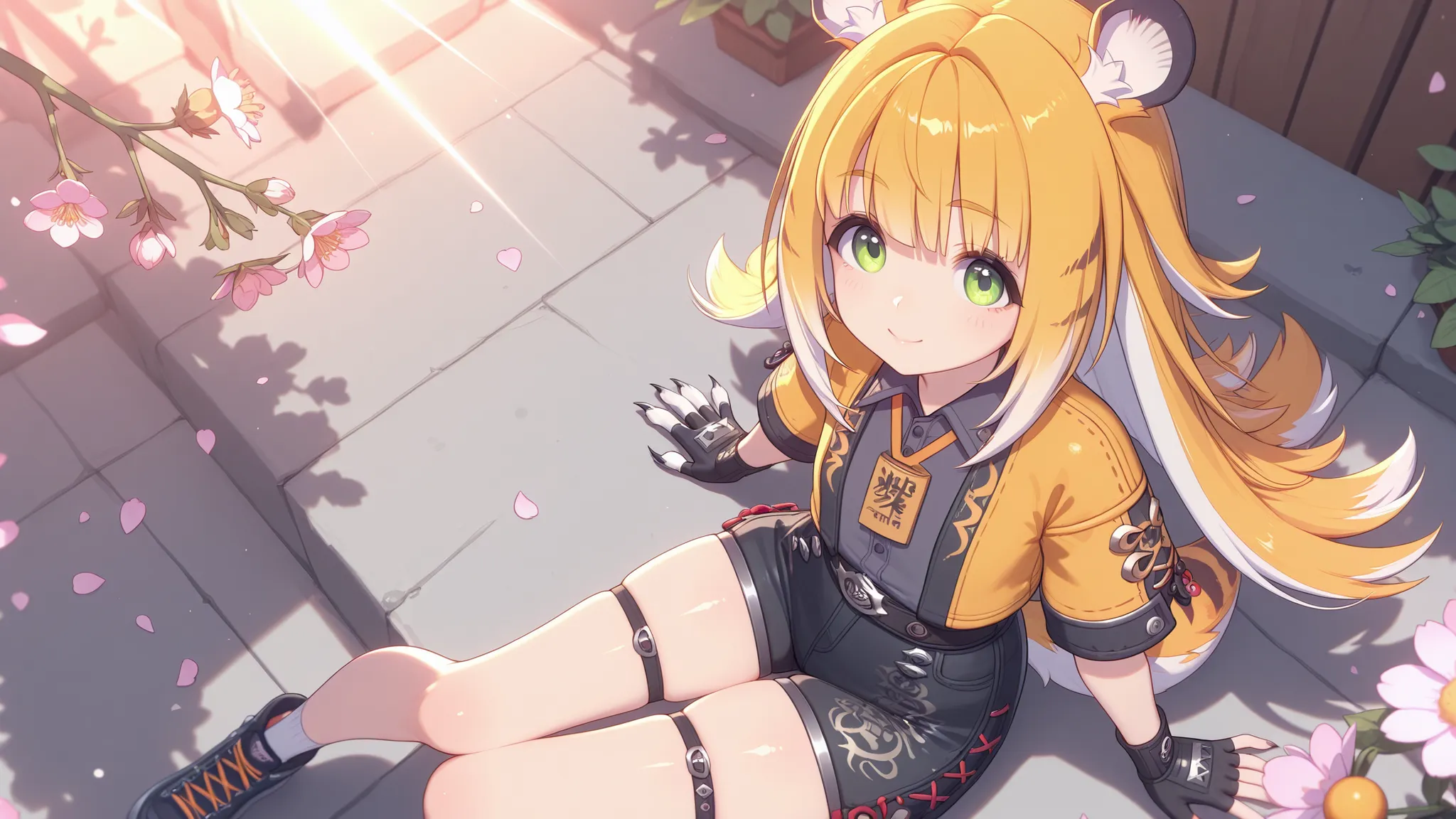 eyesHD,One 1 , shiny skin, high angle, sits, looks at the viewer, cunning look, sweet smile,
JuFuFu,
Shine, Shine, sun beam, flower petals on the background
shows claws