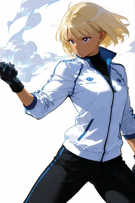 Beautiful, athletic body, toned body, alone, female, shoulder blonde hair, purple black eye, tanned, white tight sport jacket with a turtleneck, zipped jacket, black gloves, black pants , intricate sketch, expressive eyes, nose and mouth, she Put her hand ...