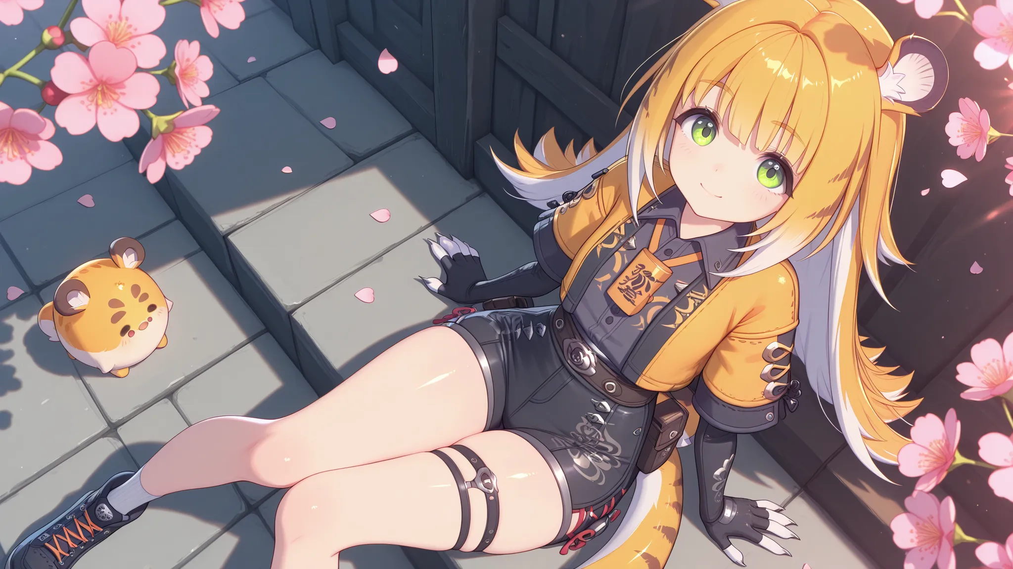 eyesHD,One 1 , shiny skin, high angle, sits, looks at the viewer, cunning look, sweet smile,
JuFuFu,
Shine, Shine, sun beam, flower petals on the background
shows claws