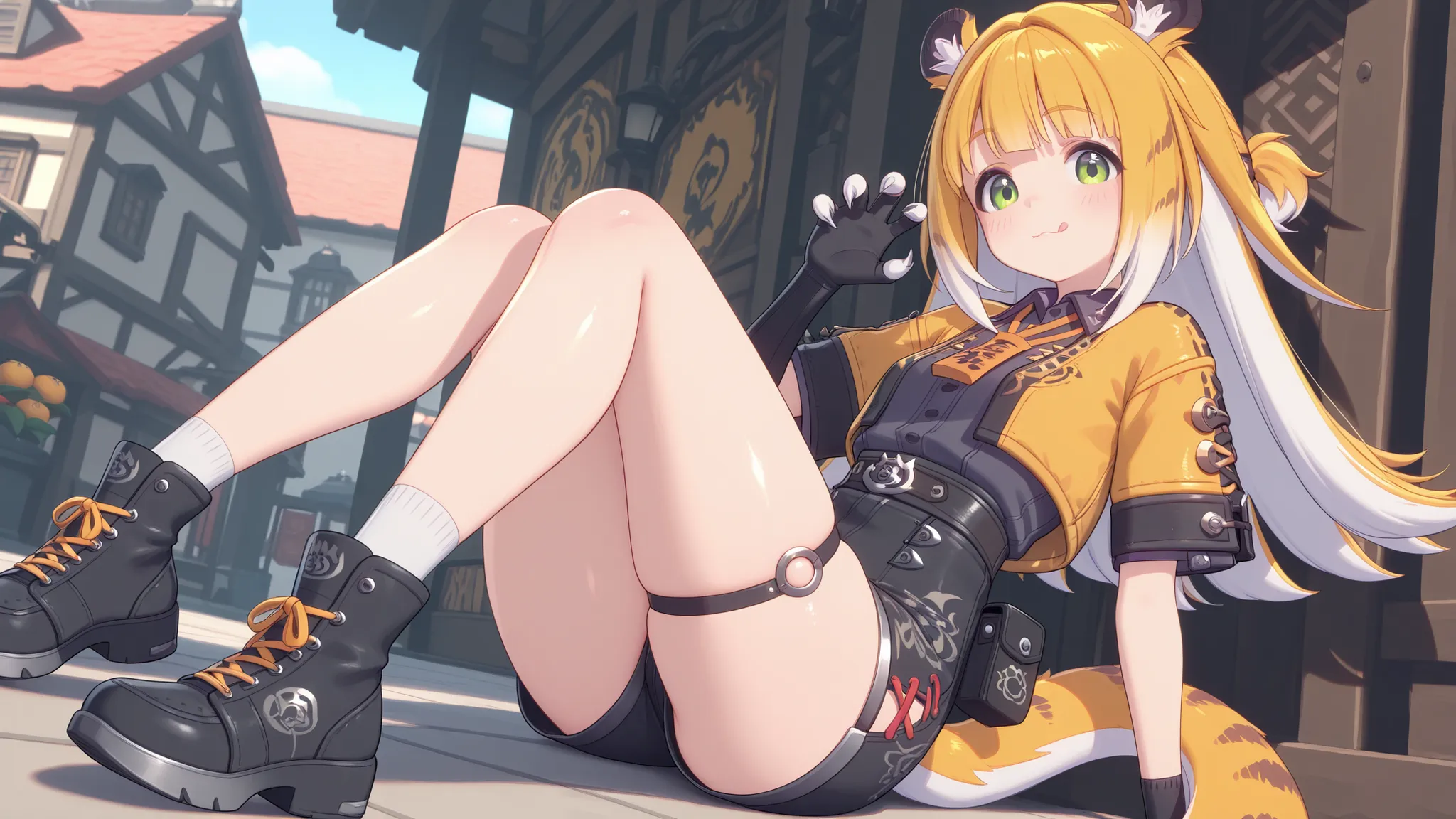 shiny skin, JuFuFu, playful face ,, better quality, masterpiece, sexy legs, blush on the face, sitting, shows claws