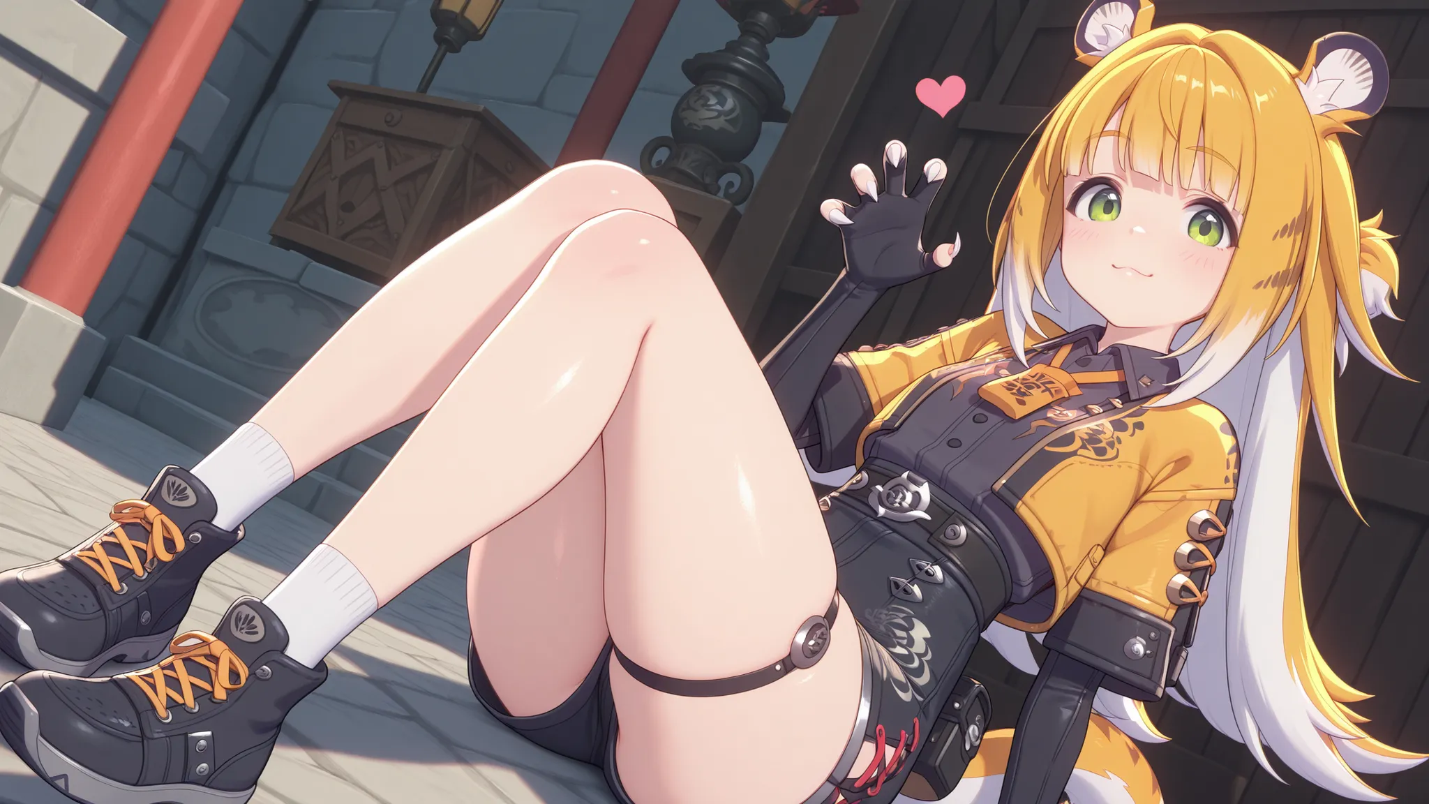 shiny skin, JuFuFu, playful face ,, better quality, masterpiece, sexy legs, blush on the face, sitting, shows claws