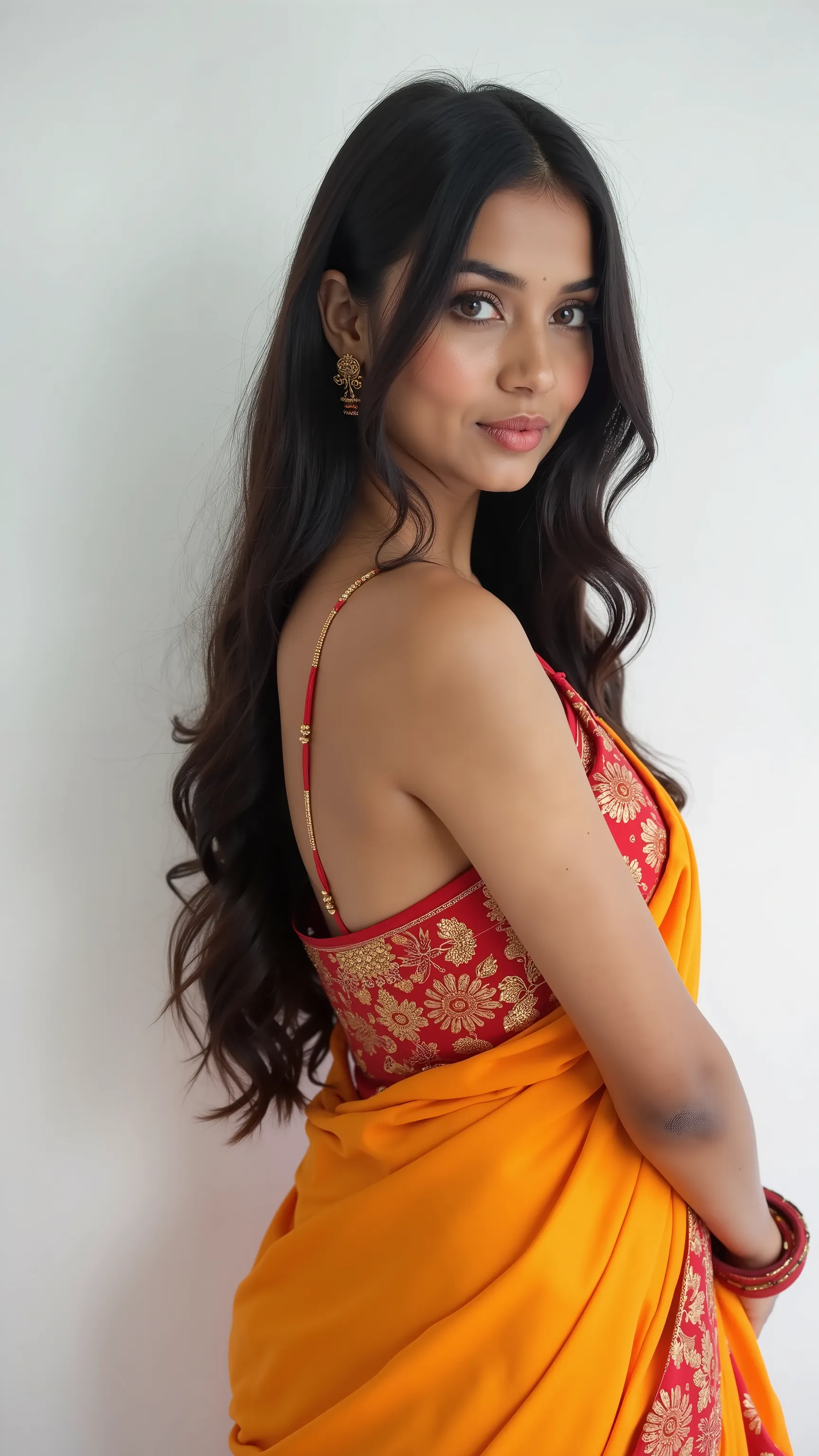 highdefinition images、Beautiful white South Indian woman with long single plate hairstyle, a woman wearing a saree, sexy pose, a woman wearing a saree, in a white blank room , woman looking at camera, Woman