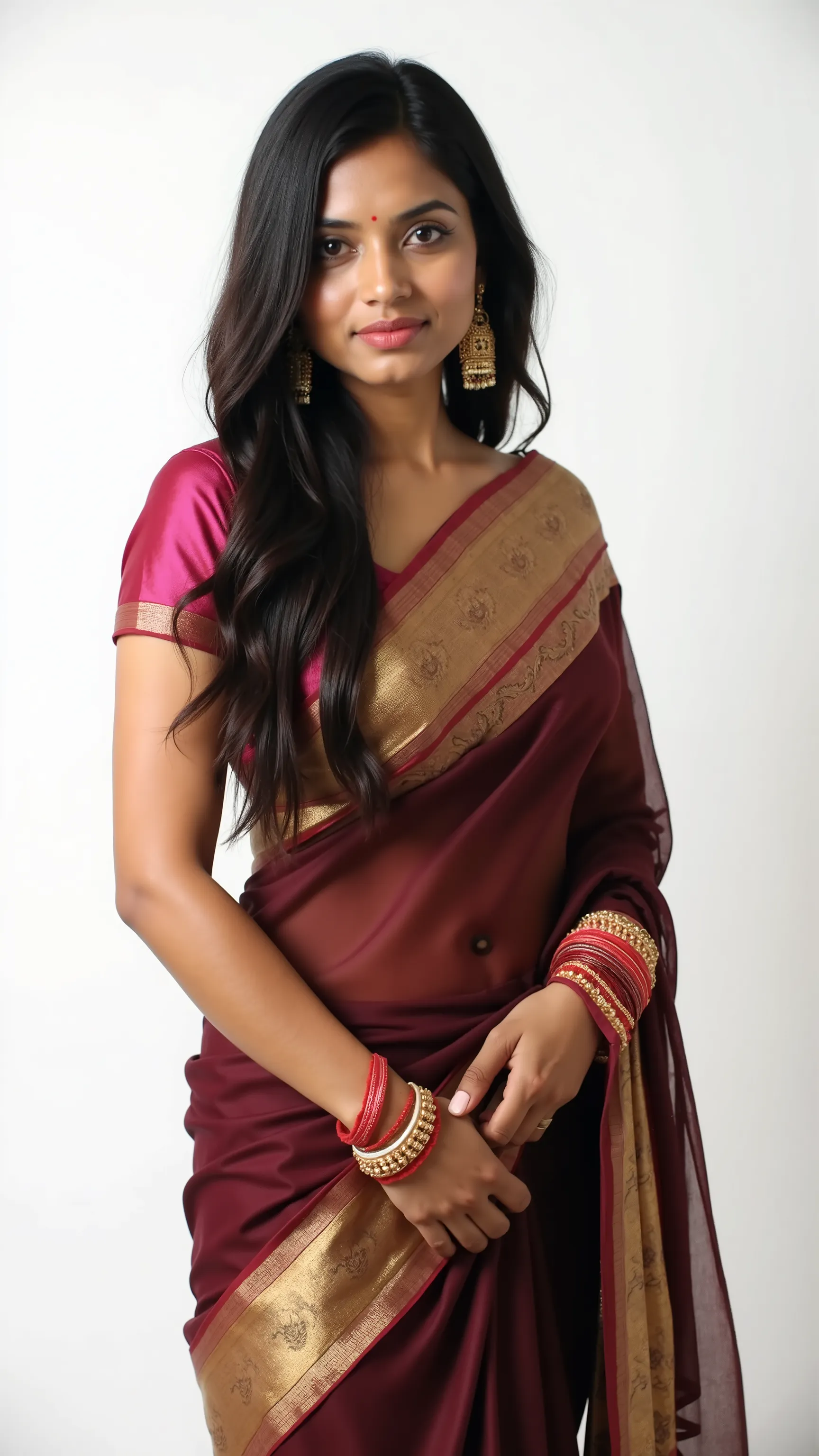 highdefinition images、Beautiful white South Indian woman with long single plate hairstyle, a woman wearing a saree, sexy pose, a woman wearing a saree, in a white blank room , woman looking at camera, Woman