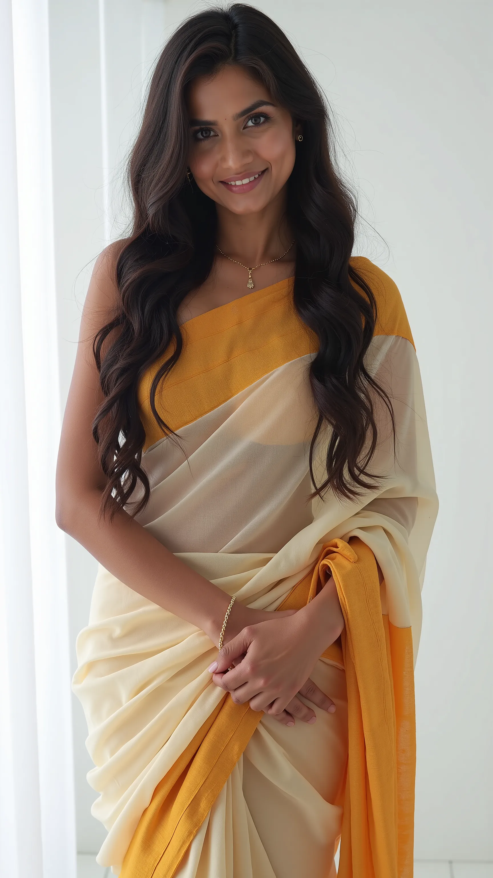highdefinition images、Beautiful white South Indian woman with long single plate hairstyle, a woman wearing a saree, sexy pose, a woman wearing a saree, in a white blank room , woman looking at camera, Woman
