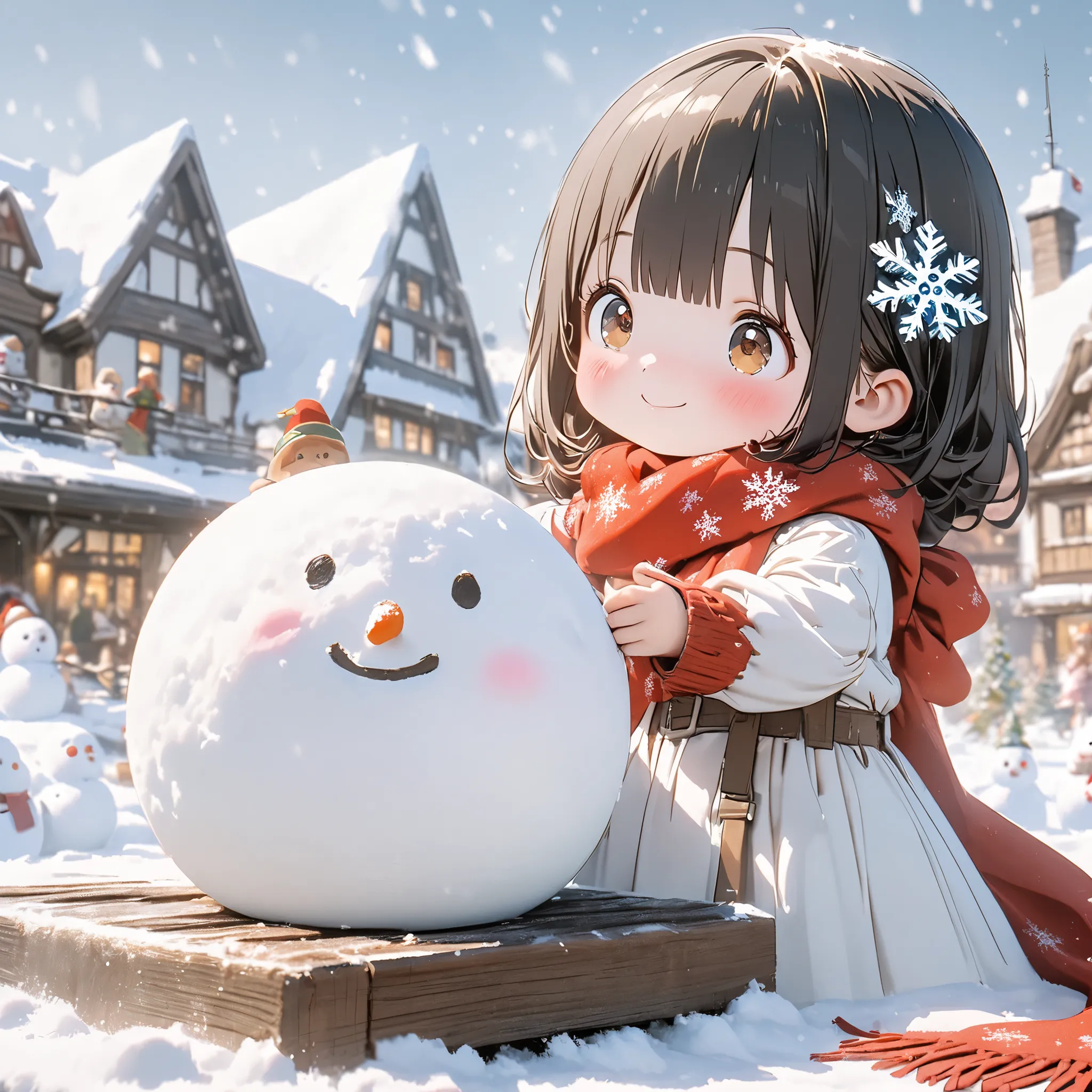 Super Details, 8k, Nice, Bright,cute girl、long black hair、Brown Eye、Beautiful eyes、 Snow Scenery 、snowflake hair ornament、white dress、red scarf、Smile Yan、A lot of snowmen、deform、 I'm making a snowman